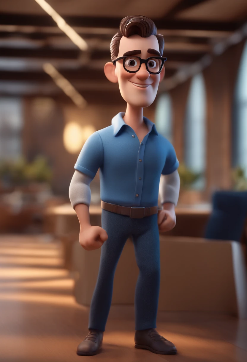 Cartoon character of a man with black glasses and a blue shirt, animation character, Caractere estilizado, animation style rendering, 3D estilizado, Arnold Maya render, 3 d render stylized, toon render keyshot, Personagem 3D, Personagem 3D, 3d rendering stylized, 3 d character render, personagem de desenho animado, Personagem de close up, Pose de personagem,  (Estilo Pixar) (master part:1.2) (Bokeh) (best quality) (pele detalhada) (textura detalhada) (8k) (argila) (Cinematic lighting) (foco nítido