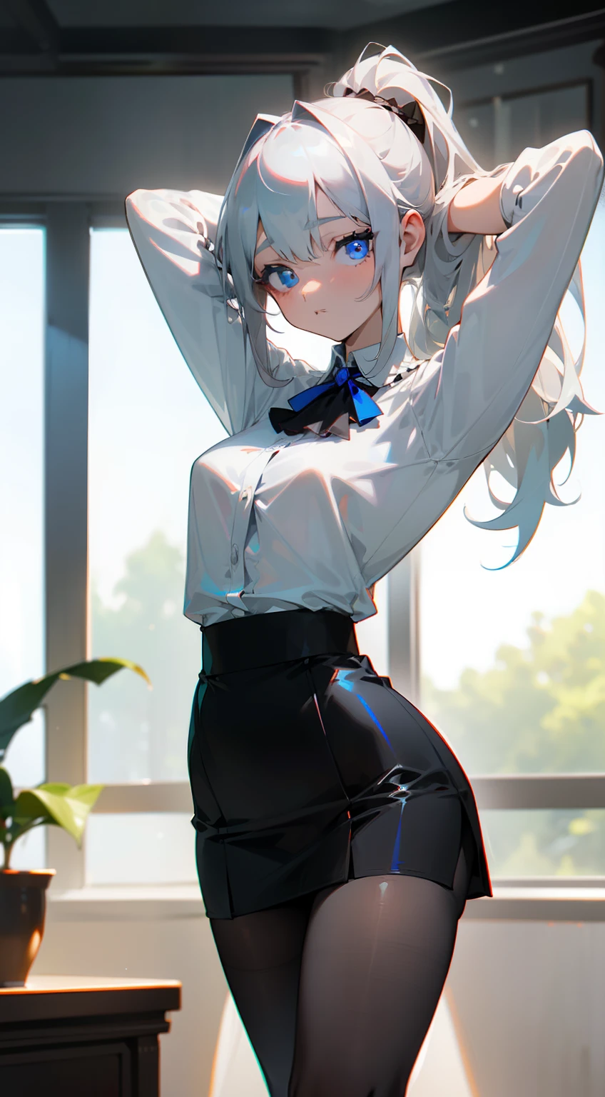(((1 girl)),Ray tracing,(Dim lighting),[Detailed background (livingroom)),((Silver hair)),(Silver hair)),((Fluffy silver hair, plump and slender girl)) with high ponytail))) Avoid golden eyes in the sinister living room ((((Girl in white opaque shirt, Black wrinkled skirt and black transparent stockings), showing delicate and slender figure and graceful curves, Correct limbs, Hands behind the head, Hands behind the head, Hands behind the head , Eye details, Beautiful eyes, Delicate eyes, Blue eyes
