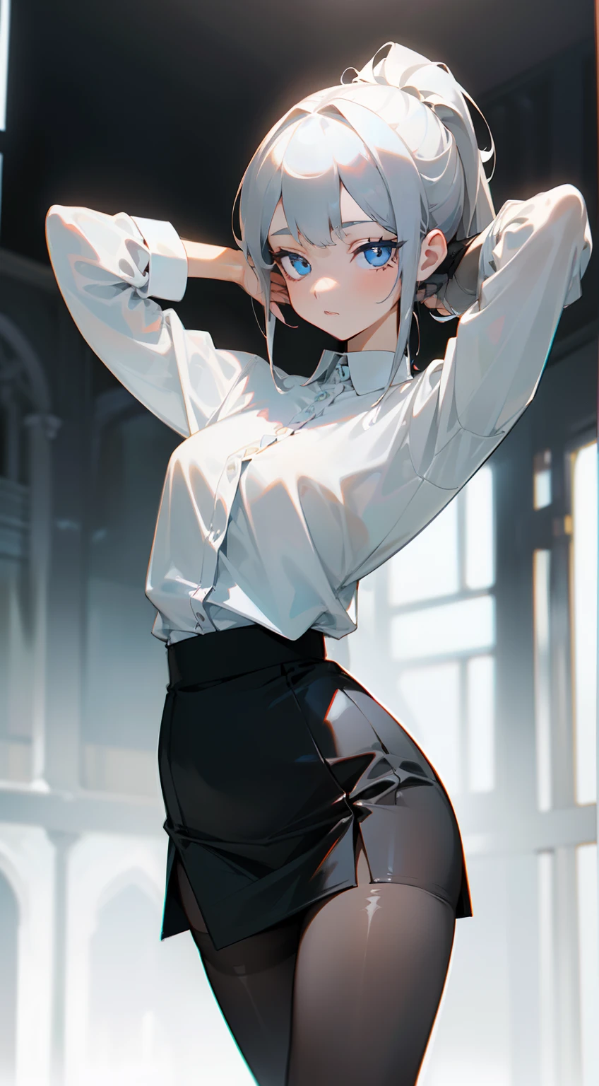 (((1 girl)),Ray tracing,(Dim lighting),[Detailed background (livingroom)),((Silver hair)),(Silver hair)),((Fluffy silver hair, plump and slender girl)) with high ponytail))) Avoid golden eyes in the sinister living room ((((Girl in white opaque shirt, Black wrinkled skirt and black transparent stockings), showing delicate and slender figure and graceful curves, Correct limbs, Hands behind the head, Hands behind the head, Hands behind the head , Eye details, Beautiful eyes, Delicate eyes, Blue eyes
