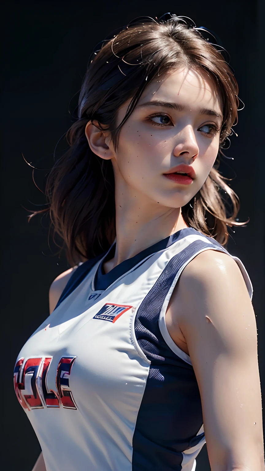 Top Quality, Ultra High Resolution, (Photorealistic: 1.4), 8K Resolution, (Woman in Basketball uniform), (Random Hair: 1.3), (Realistic Hair: 1.2), (Realistic Eyes: 1.2), (Beauty Face: 1.3), (large breasts), (Wet Skin: 1.2),(dynamic angle:1.1),