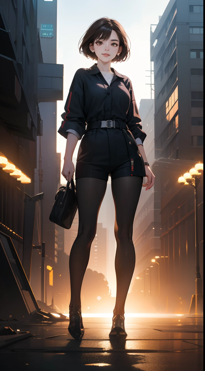 Faraway view，Panorama composition, Best quality,Condescending，A stunning beauty on top of the sky, 1人, Elegant woman, beautiful oriental woman, smiling at her lips, Extremely detailed face, Delicate short hair,Full body photo，Stunning short haircut，extra very short hair，looking to the camera，((Brown eyes)), ((kurzes dunkles Haar)), [Delicate facial features], Future technology scenarios，a sense of atmosphere, In a cyberpunk setting, ((Black casual workwear)),Sexy figure，The facial features are special，Delicate and well-behaved，Cute and moving，Cinematic lighting，sense of science and technology，Mechanical World，Faraway view，Depth of field，in the crowd，White dawn，Behind the cyberpunk tech feel，Atmospheric spectacle，Lively scene，Downtown，The whole body of the character，Perfectcomposition，Asymmetrical composition，The lens zooms out