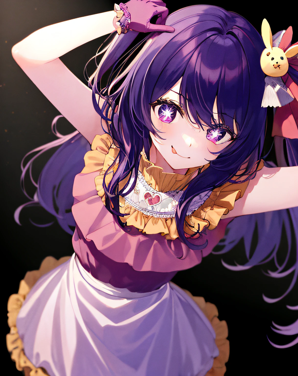 1girl, full body, cowboy shot,
(Rembrandt), illustration, (masterpiece), (best quality), (ultra_detailed), finely detail, (Depth of field),
HshinoAi,gloves, tongue out, tongue, long hair, star \(symbol\), looking at viewer, (purple hair:1.2), purple eyes, upper body, hair ornament, :p, frills, pink shirt, smile, sleeveless, shirt, idol, symbol-shaped pupils, hands up, bangs, one side up, star-shaped pupils, arms up,
dress pull,
Roaring Twenties, isometric, from above, sky, flower, cliff,