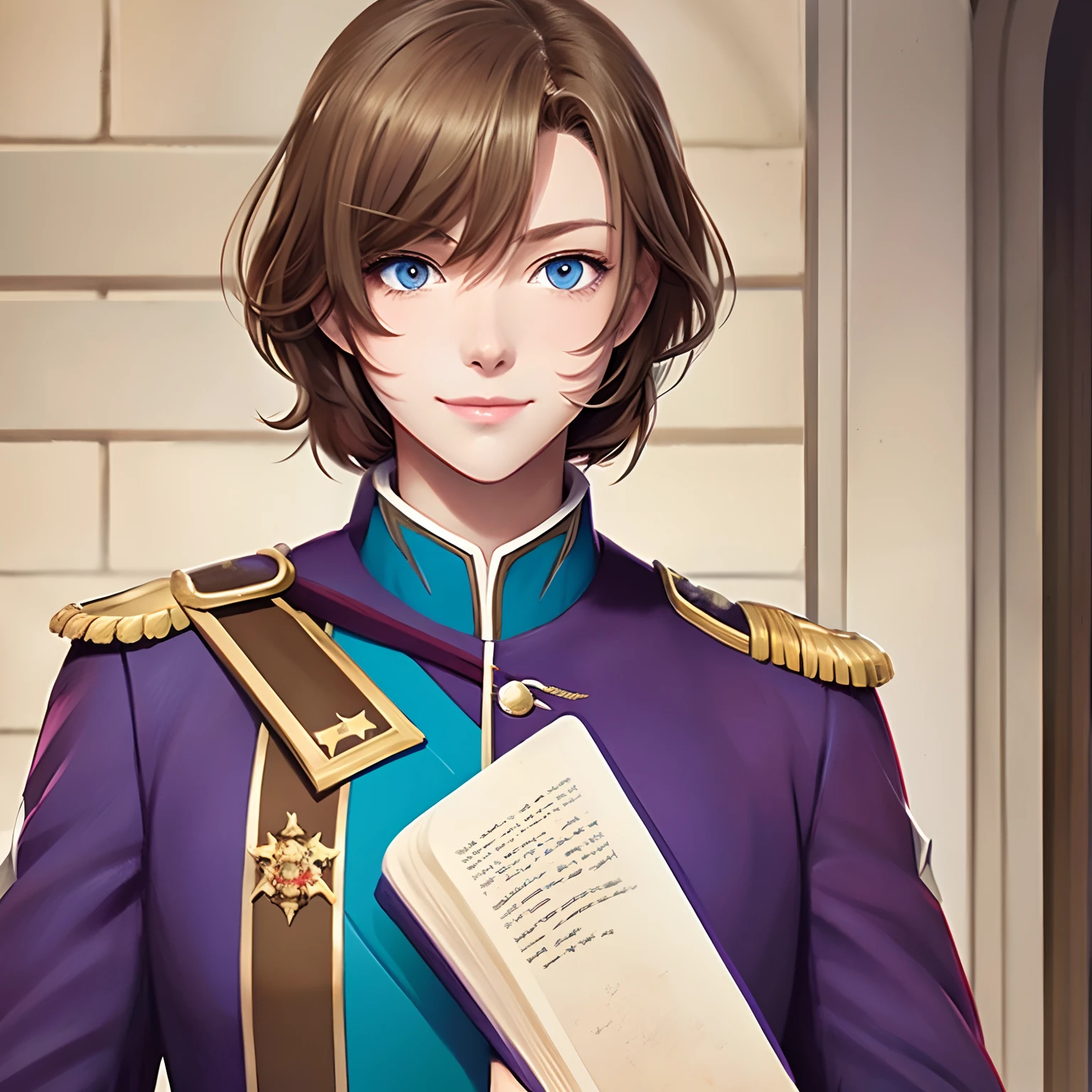 Light brown hair　bobhair　blue-purple eyes　Knight-style military uniform　illustratio　Troubled smile　Holding a book in one hand