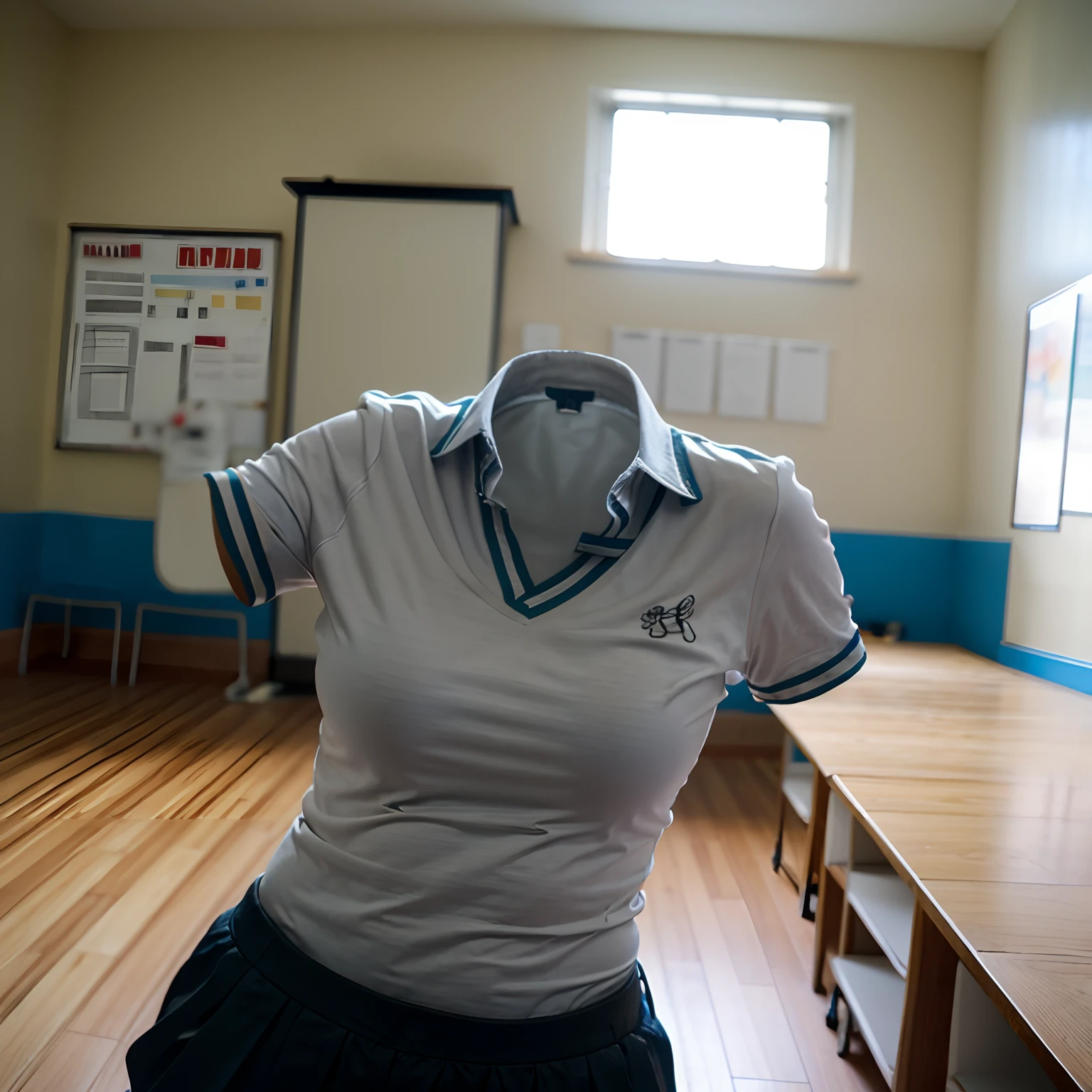 school uniform, classroom, high school, sitting, Polo shirt, (invisible, no humans:1.7, headless:1.7, handless, faceless:1.7), (cute big breasts:1.4), (close-up shot of breasts),
(8k, RAW photo, best quality, masterpiece:1.2), (realistic, photo-realistic:1.37), photon mapping, radiosity, ((Hasselblad photography)), physically-based rendering