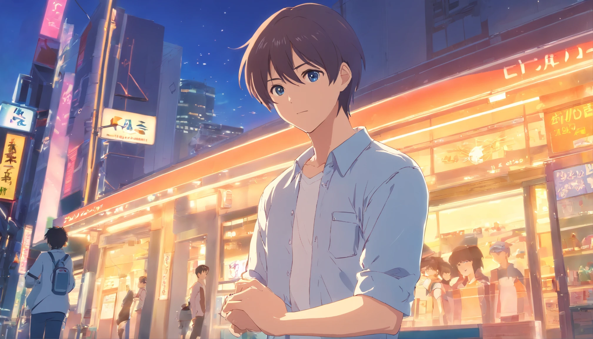 anime - style image of a man in a white shirt and blue jeans, anime moe artstyle, makoto, young anime man, anime handsome man, anime boy, boy has short brown hair, official art, full body portrait of a short!, male anime character, as an anime character, makoto shinka, makoto kano, anime style character