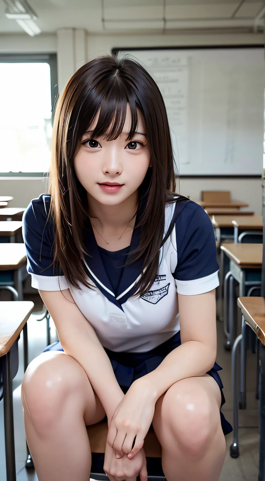 masutepiece, Best Quality, One girl, (Beautiful Girl:1.3), (:1.2), Very fine eye definition, (Symmetrical eyes:1.3), ((NSFW)), (Squat, School uniform, Put out naked, Cute skirt, Put out naked:1.3), Beautiful breasts, Brown eyes, Parted bangs, Brown hair, Upper teeth