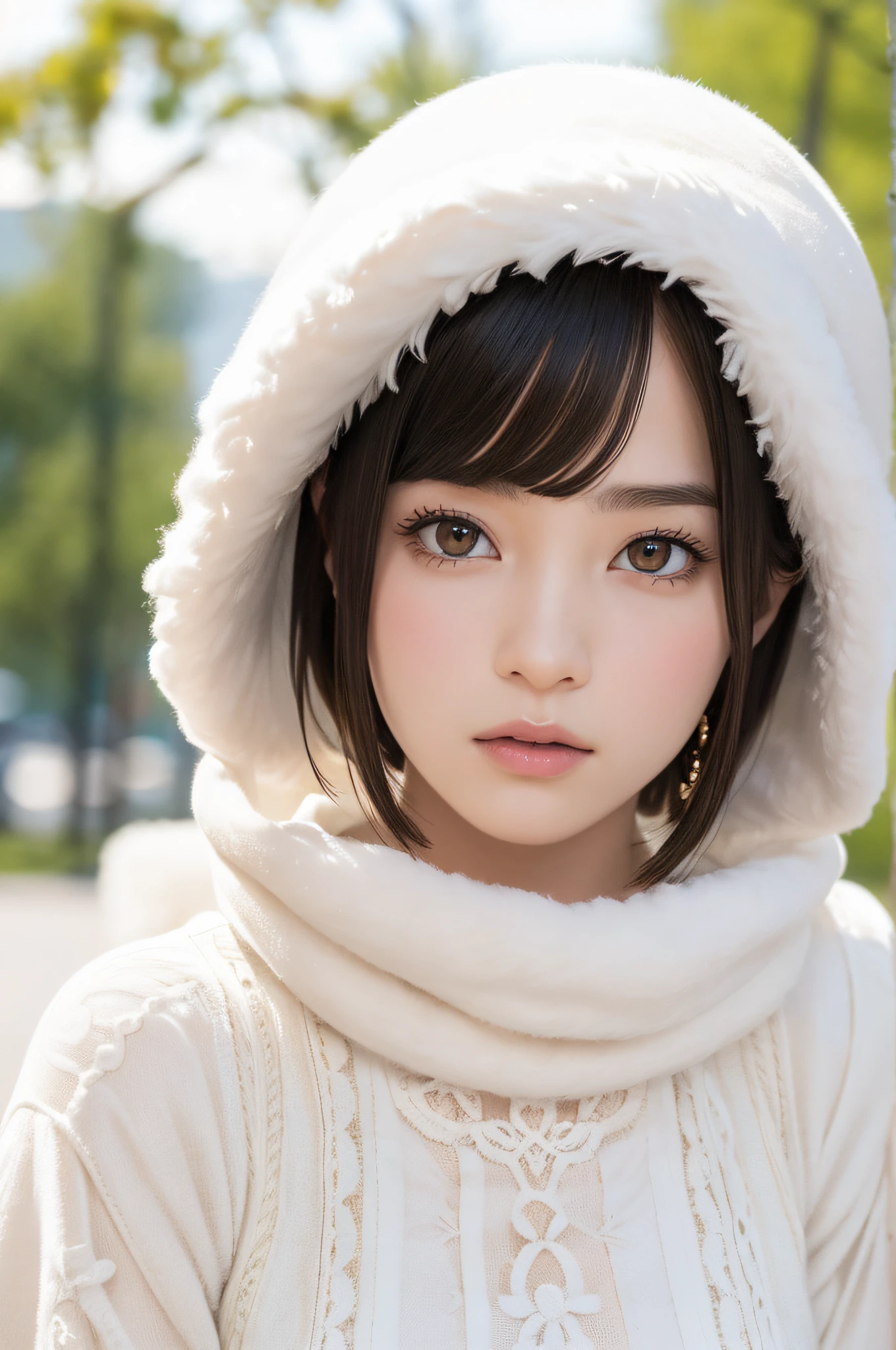(8k, RAW photos, top quality, masterpiece: 1.2), ultra detailed, super resolution, (real, real photos: 1.37), portraits, high definition RAW color photos, professional photos, very detailed and beautiful, highly detailed, 8k wallpapers, amazing details, huge file size, official art, highly detailed CG Unity 8k wallpapers, highly detailed beautiful girls, highly detailed faces, Highly Detailed Eyes, Highly Detailed Skin, Highly Detailed Fingers, Very Detailed Nose, Highly Detailed Detailed Mouth, Perfect Anatomy, Detailed Background, Detailed Clothes, One Girl, (20:1.2), 20s, Cute Girl, Realistic Body, Petite, White Skin, Radiant Skin, Slim Body, Black Hair, Short Hair, (Blunt Bangs: 1.2), Cute, Youthful, Pretty Face, Realistic Face, Delicate Eyes, Sale Eyes, ( (Fashionable winter clothes)), ((Up)), ((((Short hair)))), Earrings, Looking at the camera, Cowboy shot, Facing Front, Standing Posture, Contrapposto, Dynamic Lighting, C Cup Breasts,