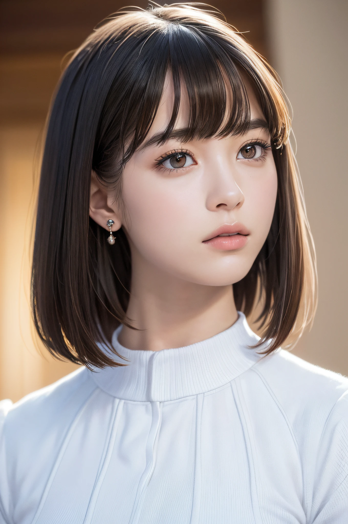 (8k, RAW photos, top quality, masterpiece: 1.2), ultra detailed, super resolution, (real, real photos: 1.37), portraits, high definition RAW color photos, professional photos, very detailed and beautiful, highly detailed, 8k wallpapers, amazing details, huge file size, official art, highly detailed CG Unity 8k wallpapers, highly detailed beautiful girls, highly detailed faces, Highly Detailed Eyes, Highly Detailed Skin, Highly Detailed Fingers, Very Detailed Nose, Highly Detailed Detailed Mouth, Perfect Anatomy, Detailed Background, Detailed Clothes, One Girl, (20:1.2), 20s, Cute Girl, Realistic Body, Petite, White Skin, Radiant Skin, Slim Body, Black Hair, Short Hair, (Blunt Bangs: 1.2), Cute, Youthful, Pretty Face, Realistic Face, Delicate Eyes, Sale Eyes, ( (Fashionable winter clothes)), ((Up)), ((((Short hair)))), Earrings, Looking at the camera, Cowboy shot, Facing Front, Standing Posture, Contrapposto, Dynamic Lighting, C Cup Breasts,