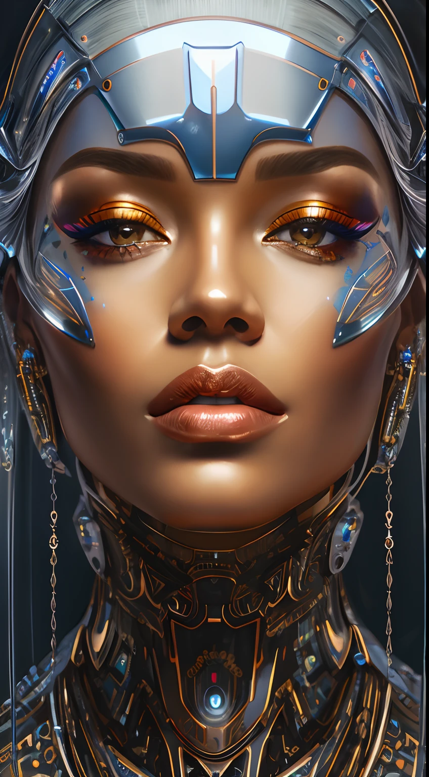 a close up of a woman with a futuristic headpiece and a face, karol bak uhd, portrait of a cyborg queen, detailed portrait of a cyborg, cyborg portrait, glossy digital painting, cybernetic machine female face, portrait of metallic face, cybernetic faces, futuristic woman portrait, liquid headdress, futuristic art, wlop glossy skin, melted cyborg