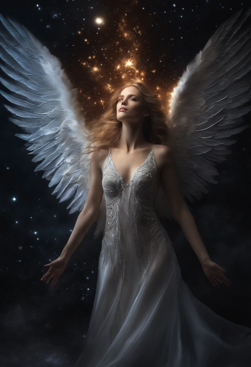 cosmic fallen angel, olhos claros brilhantes, Biomechanicals, estranho, assustador, Pesadelo, cores muito brilhantes, light particles, com luz brilhante, Mshiff, Arte do papel de parede, Papel de parede UHD