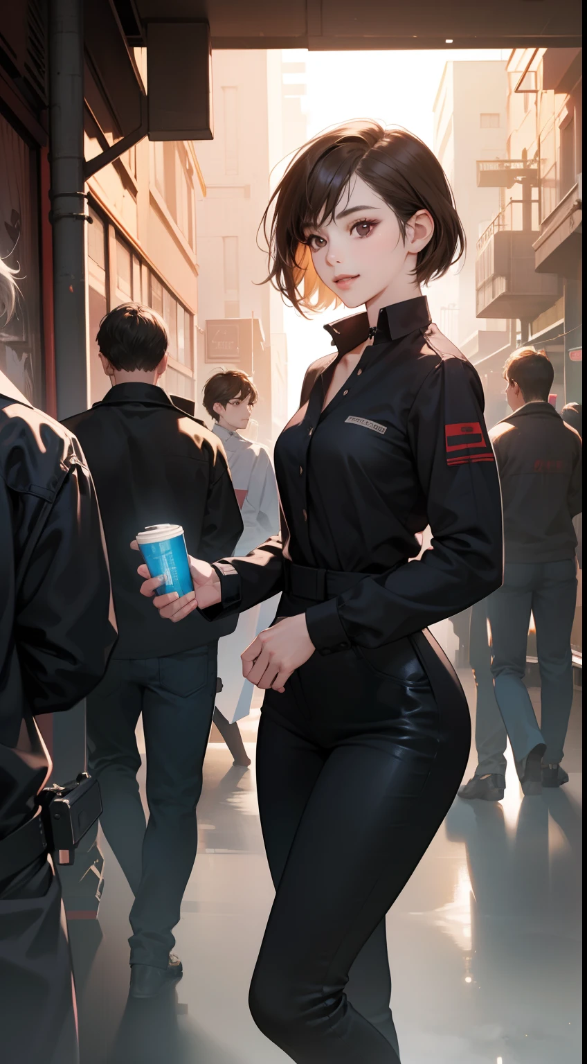 Faraway view，Panorama composition, Best quality,Condescending，A stunning beauty on top of the sky, 1人, Elegant woman, beautiful oriental woman, smiling at her lips, Extremely detailed face, Delicate short hair,Full body photo，Stunning short haircut，extra very short hair，looking to the camera，((Brown eyes)), ((kurzes dunkles Haar)), [Delicate facial features], Future technology scenarios，a sense of atmosphere, In a cyberpunk setting, ((Black casual workwear)),Sexy figure，The facial features are special，Delicate and well-behaved，Cute and moving，Cinematic lighting，sense of science and technology，Mechanical World，Faraway view，Depth of field，in the crowd，White dawn，Behind the cyberpunk tech feel，Atmospheric spectacle，Lively scene，Downtown，The whole body of the character，Perfectcomposition，Asymmetrical composition，The lens zooms out