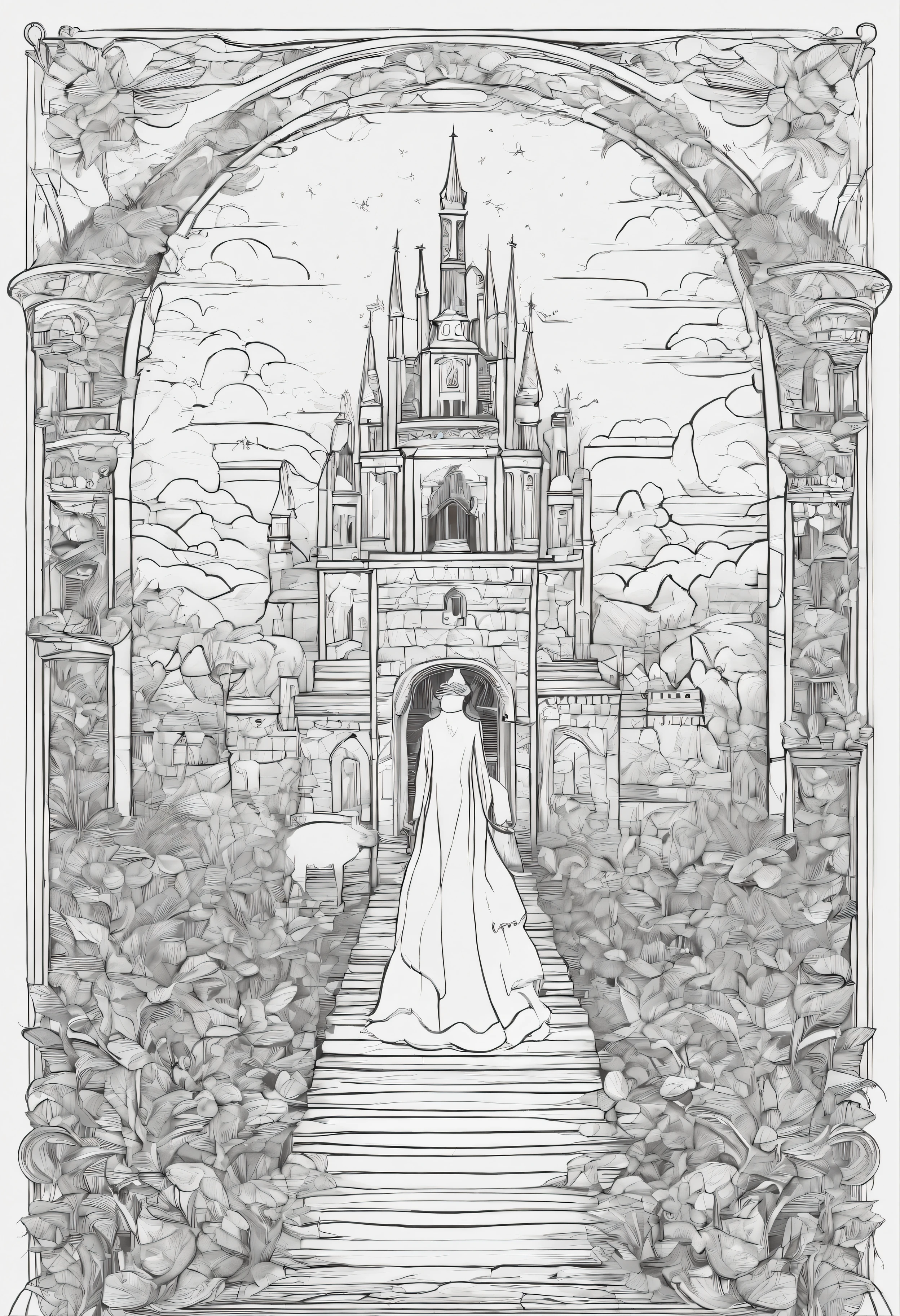 a magical land of faeries, pathway, faerie queen, crown, mythical, line art, cartoon character, 3D style, high quality, boloring book, hand-drawn, lineart