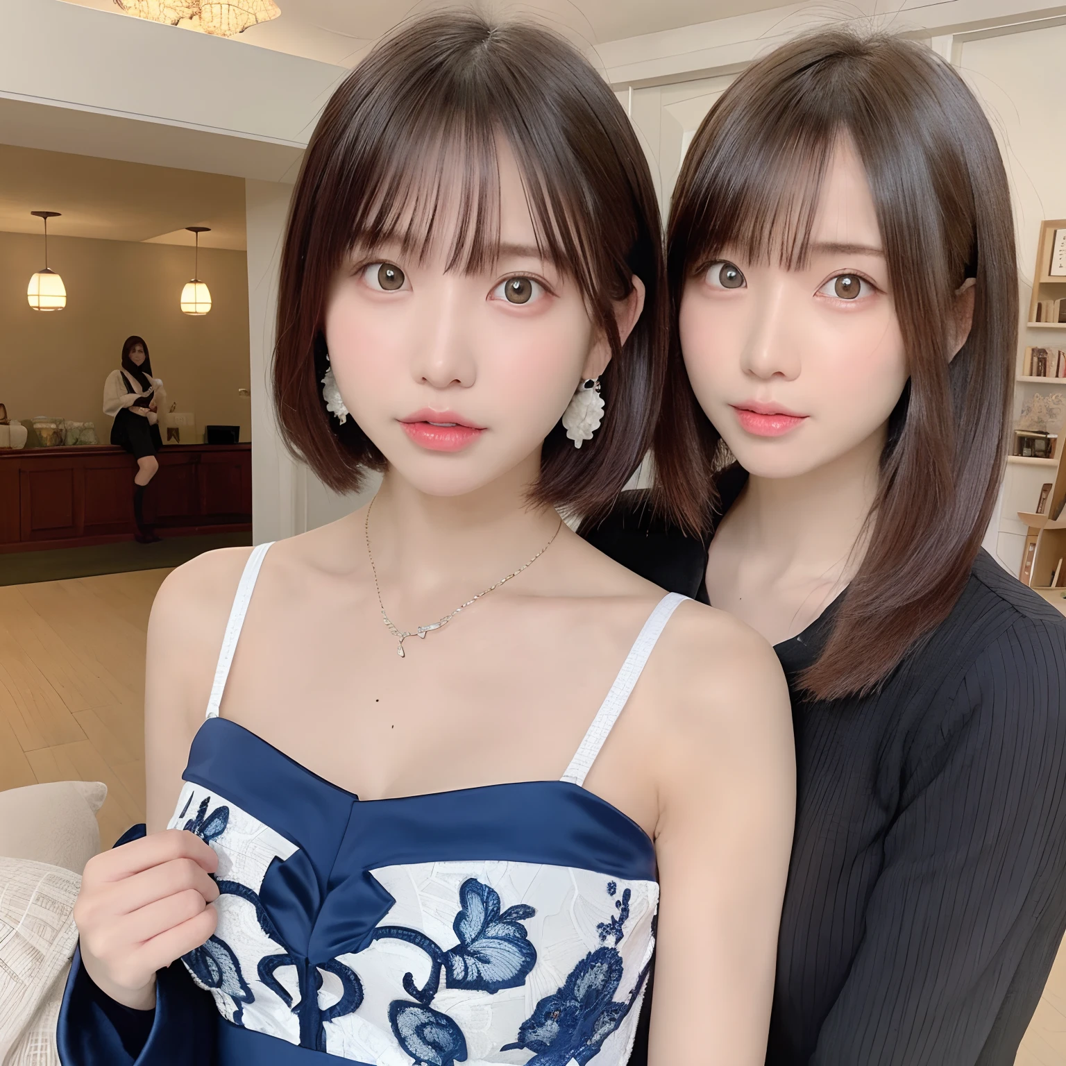 2 girls in、twin-tail hair,masutepiece, Best Quality, 8K, 15yo student, Teen, Raw photo, absurderes, award winning portrait, Smile,   Botanical Garden, neons, Idol face, violaceaess, gardeniass, Delicate girl, Upper body, Digital SLR, Looking at Viewer, Candid, Sophisticated, zora々Right, Thin arms, Professional Lighting, Film grain, chromatic abberation, (Eyes and faces with detailed:1.0), (Bokeh:1.1),Luxurious dresses、intricate lace、intricate hair ornament、Complex earrings、Complex necklaces、Beautiful breasts、shawls、