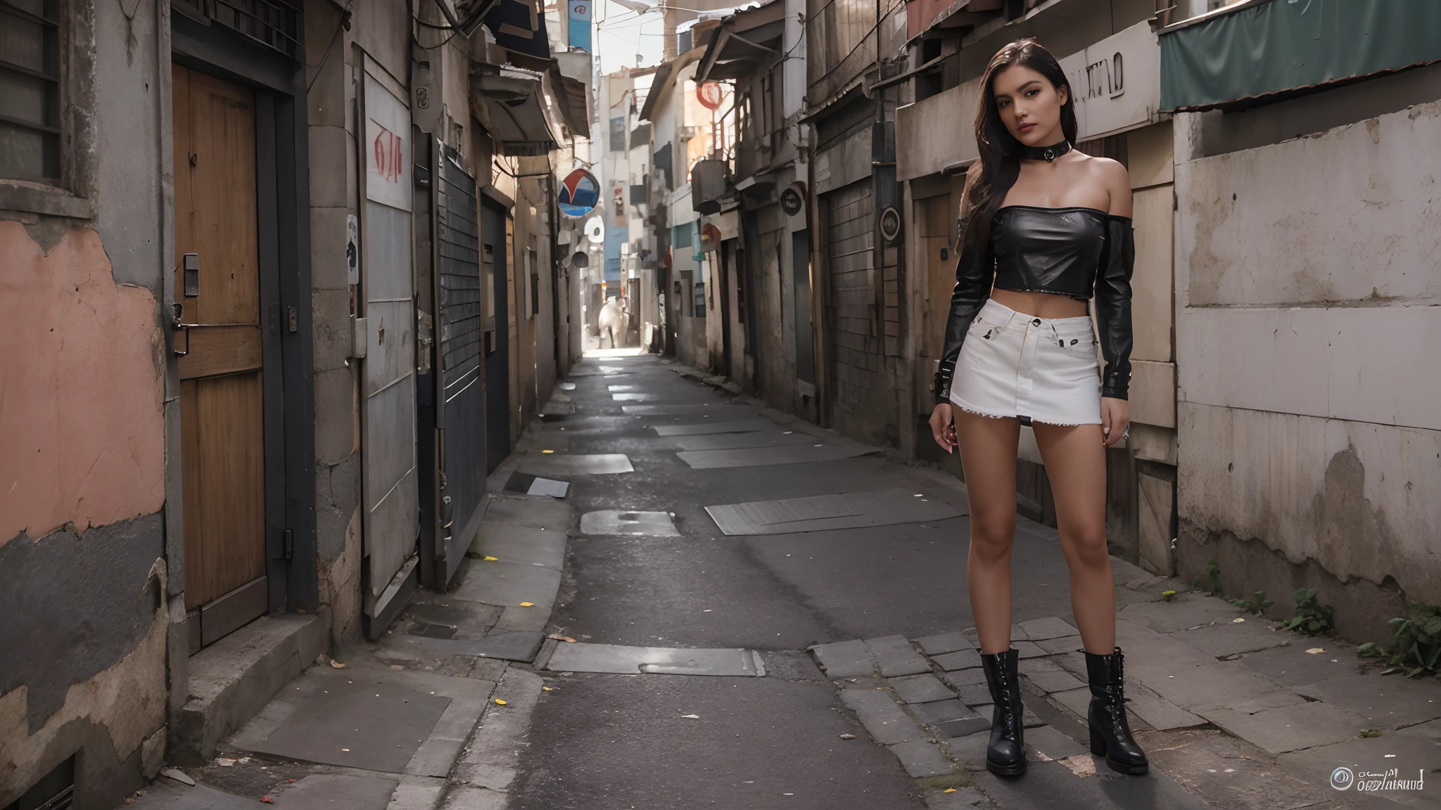 Garota loira de 19 anos, nua, nsfw, muito bonita, athletic, cabelos loiros, olhos azuis, red-lips, franja, usando short denim skirt, saia muito curta, pernas grossas, pernas bonitas, cintura estreita, botas de coxa de couro preto, saia denim curta, denim mini-skirt, mini-saia, saia curta azul, cinto de couro preto, seios pequenos, mamilos rosados, porcelain skin, The girl is wearing a black leather choker, the girl is wearing black leather boots, botas de coxa de couro preto, The girl is standing on a street in a cyberpunk city, sob o sol do meio dia.
