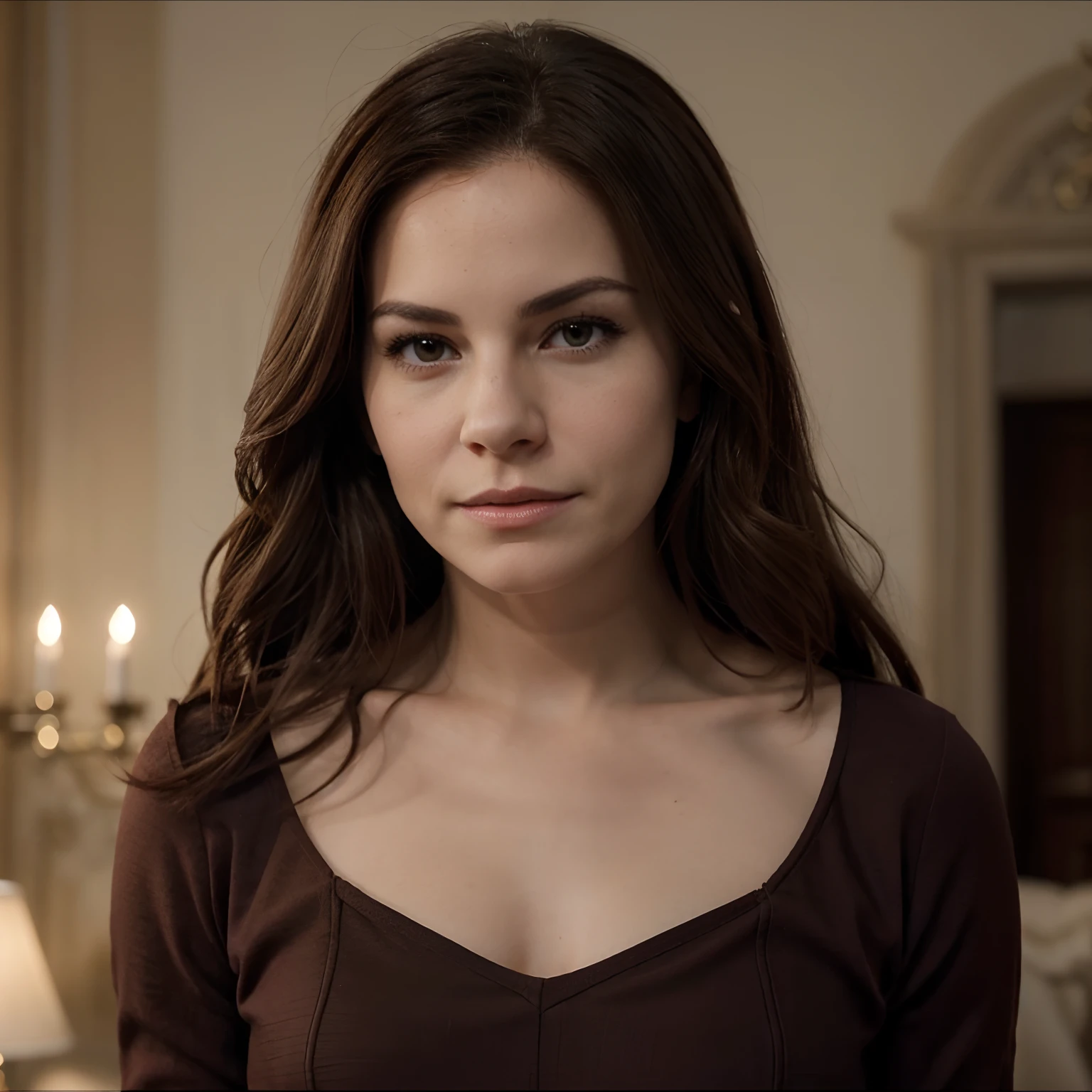 She is a woman in her twenties, with an appearance that combines the classic elegance of Jenna Coleman with the touch of determination of Resident Evil's Jill Valentine. Her hair as red as fire, she possesses a delicate face, adorned with expressive and penetrating eyes. She has an intellectual charm to her look. Her posture is confident, and her presence radiates a mixture of intelligence, courage, and grace.