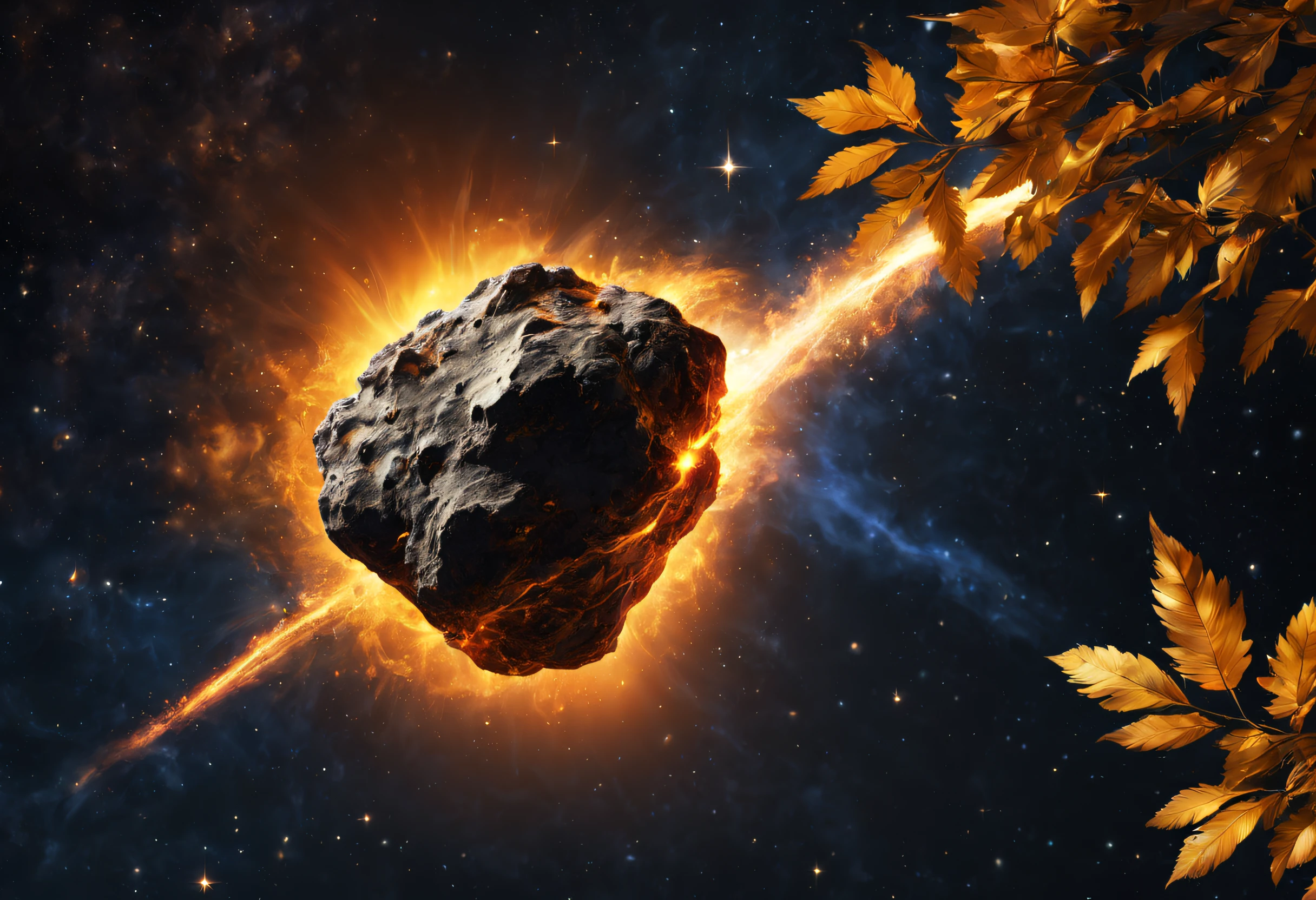 (best quality, 4k, 8k, high resolution, masterpiece: 1.2), ultra detailed, (realistic, photorealistic, photorealistic: 1.37), a meteorite flying through space. The meteorite is orange and yellow in color and leaves a trail of light behind it. The background is a deep blue with stars and nebulae scattered throughout. The overall mood of the image is dramatic and amazing.