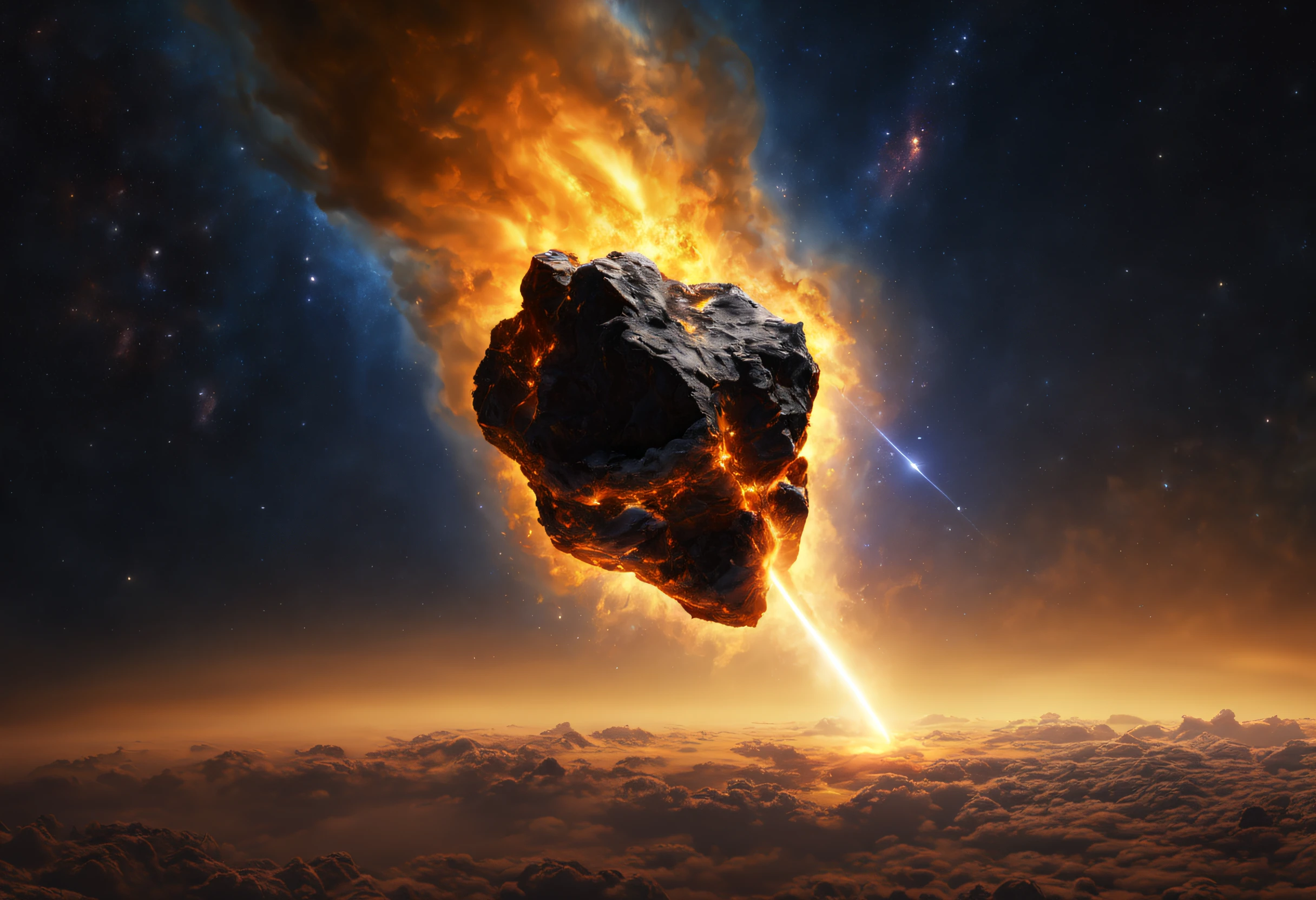 (best quality, 4k, 8k, high resolution, masterpiece: 1.2), ultra detailed, (realistic, photorealistic, photorealistic: 1.37), a meteorite flying through space. The meteorite is orange and yellow in color and leaves a trail of light behind it. The background is a deep blue with stars and nebulae scattered throughout. The overall mood of the image is dramatic and amazing.