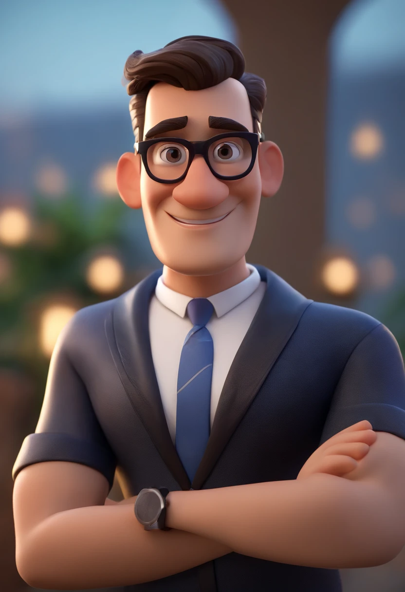 Cartoon character of a man wearing black glasses and a blue shirt, um personagem animado, Caractere estilizado, animation style rendering, 3D estilizado, Arnold Maya render, 3 d render stylized, toon render keyshot, Personagem 3D, Personagem 3D, 3d rendering stylized, 3 d character render, personagem de desenho animado, Personagem de close up, Pose de personagem, (Estilo Pixar) (master part:1.2) (Bokeh) (best quality) (pele detalhada) (textura detalhada) (8k) (argila) (Cinematic lighting) (foco nítido,Senta e vaza a parte superior do corpo