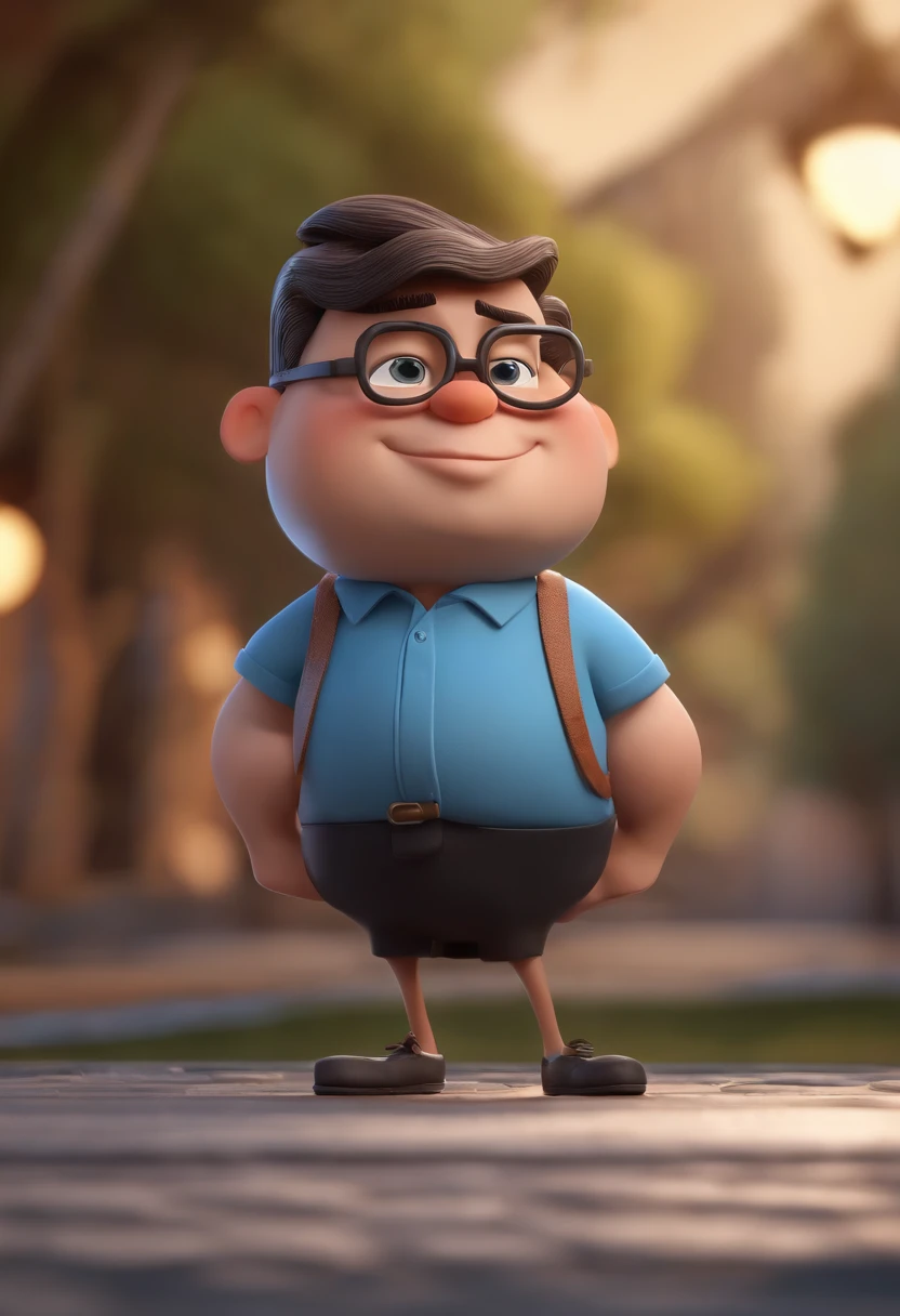 Cartoon character of a man wearing black glasses and a blue shirt, um personagem animado, Caractere estilizado, animation style rendering, 3D estilizado, Arnold Maya render, 3 d render stylized, toon render keyshot, Personagem 3D, Personagem 3D, 3d rendering stylized, 3 d character render, personagem de desenho animado, Personagem de close up, Pose de personagem, (Estilo Pixar) (master part:1.2) (Bokeh) (best quality) (pele detalhada) (textura detalhada) (8k) (argila) (Cinematic lighting) (foco nítido，Senta e vaza a parte superior do corpo