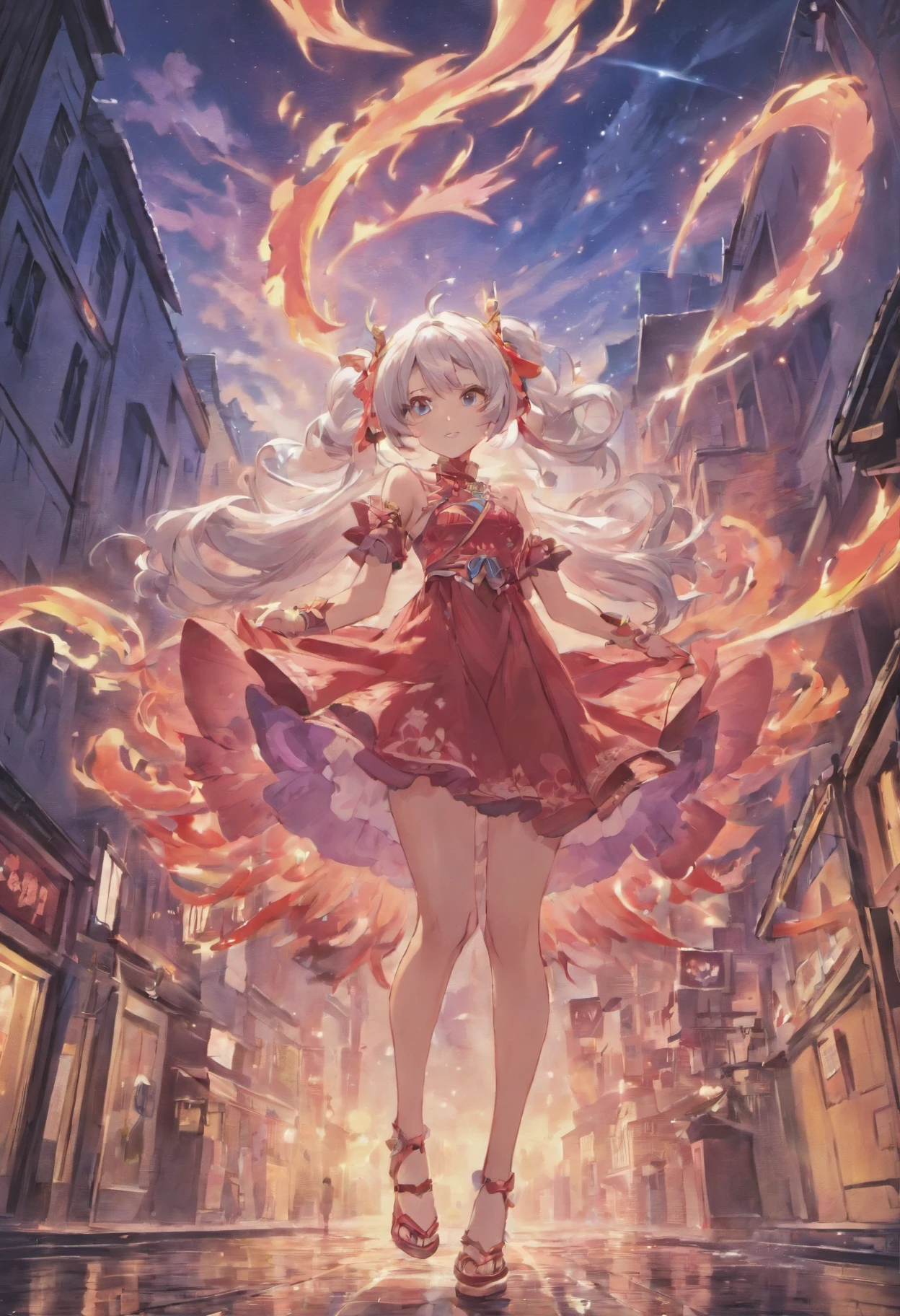 A dragon flying over the city、large plumage、highcontrast、Girl is looking at the sky、red fullmoon、splash water、Flowing flame、detailed girl、neon color、Incandescent effect、18year old、(girl with、Ice Dragon;3,7)、(((pink dress、Twintail、Rin々Shishi Face、With long silver hair)))、((Hanging Eye))、masterpiece、pixiv Winners' Lottery、((Blue Dragon))、dark colored、fine lines、detaileds