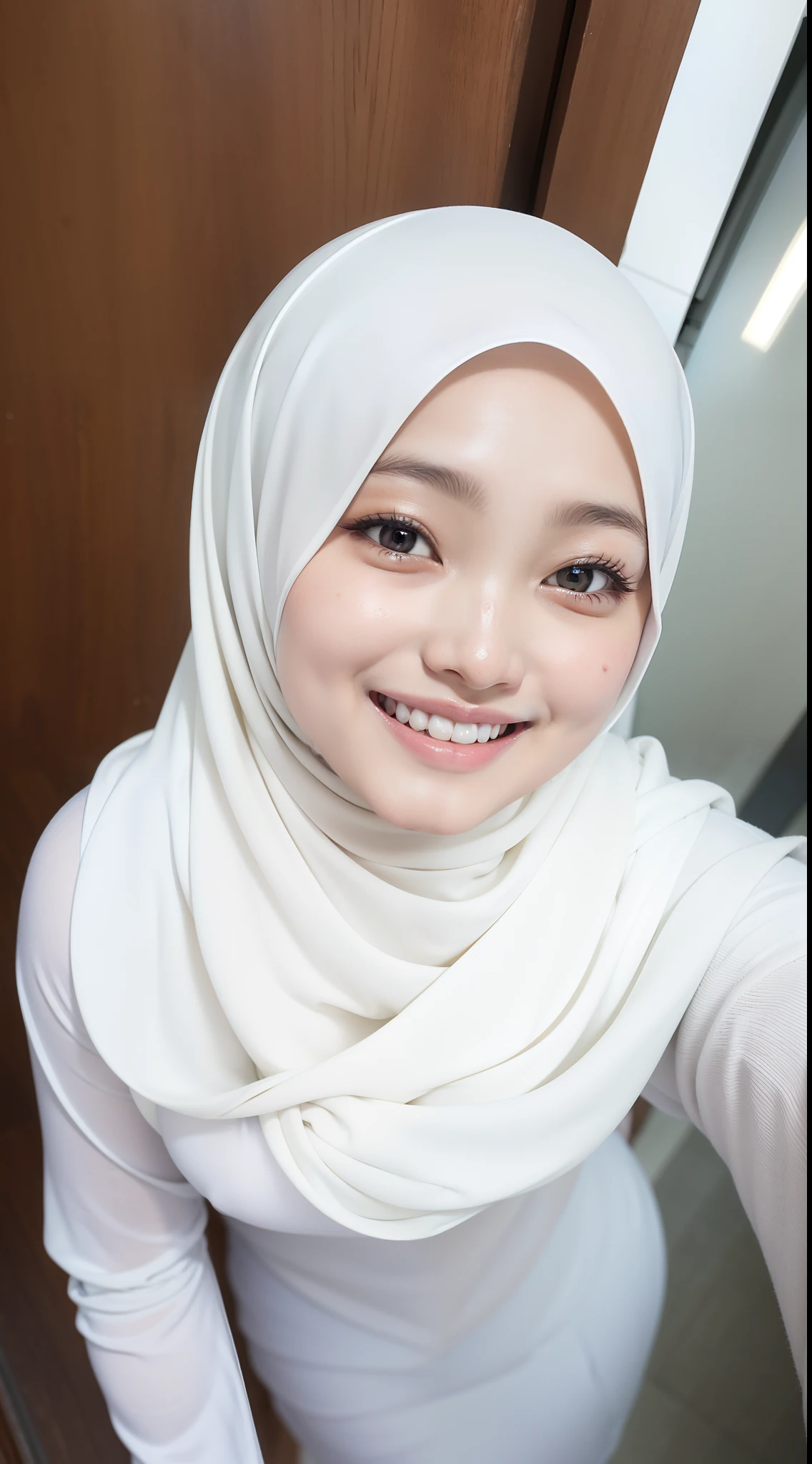 1 malay girl in white color hijab and naked, dynamic angle, soft laughter, unique appearance, naked, ((view from below looking up)), (look down at the camera and smile). Afternoon,