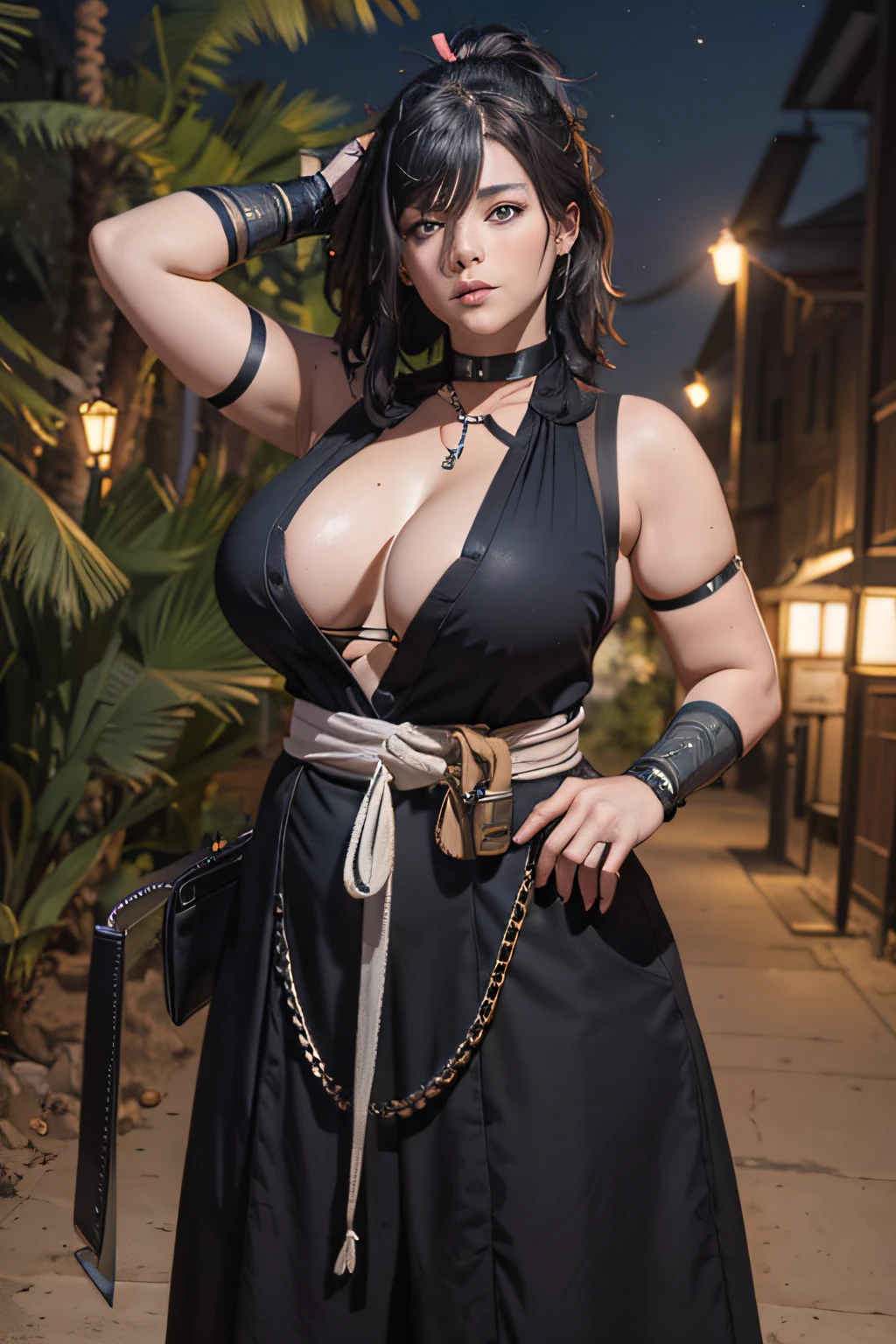 dunkelheit, nacht, Sweat on the skin, isometrisch, Fat girl with big boobs, ernst, braune Augen, langes schwarzes Haar, wears a fur collar, wears a heavy iron chain, Waiting pose in a desert at night with a katana