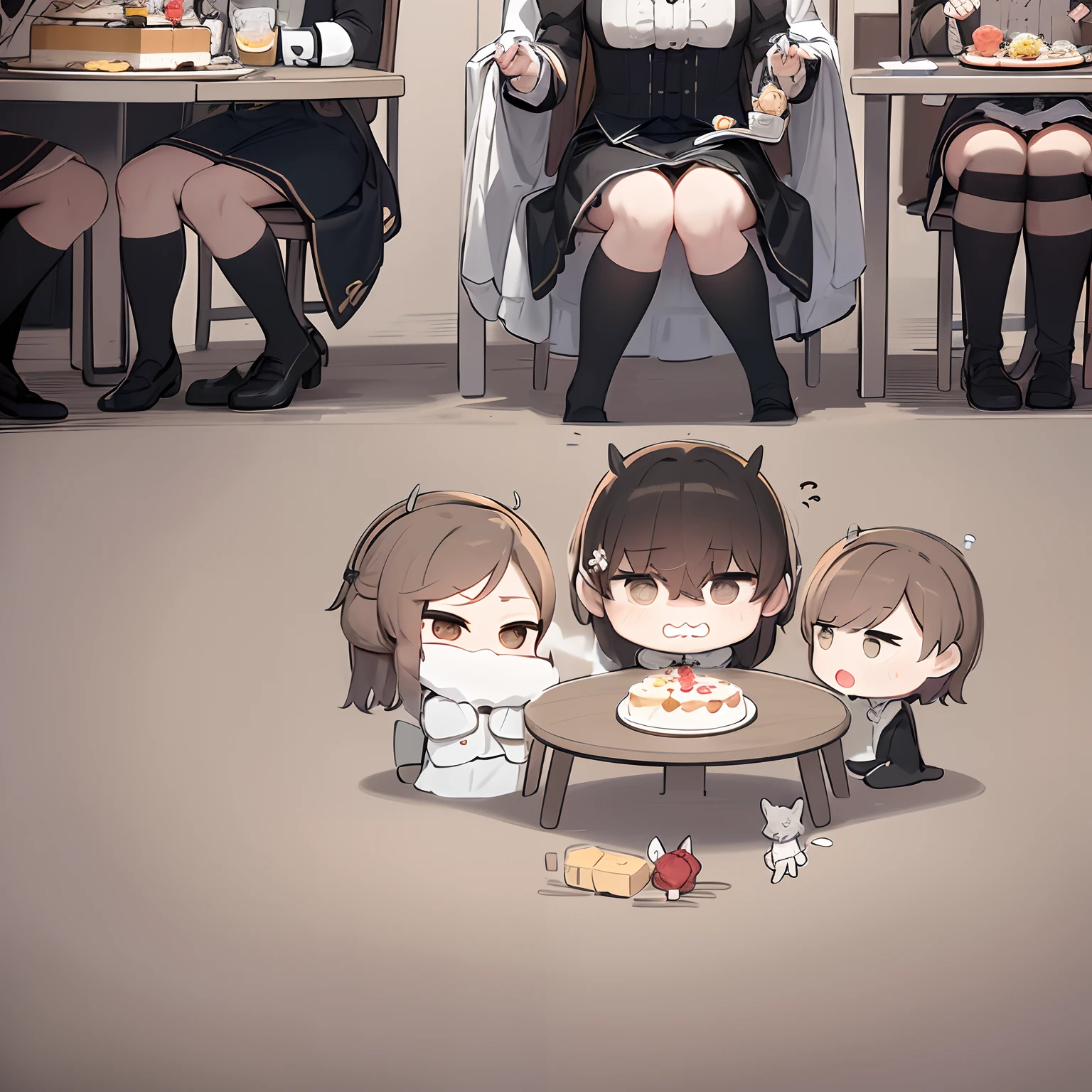 there are three people sitting at a table with a cake, eating cakes, celebrating a birthday, animatic, eating, wip, they are very serious, at a birthday party, [ conceptual art ]!!, family dinner, in style of cytus and deemo, line sketch!!, :3, charicature, at a dinner table