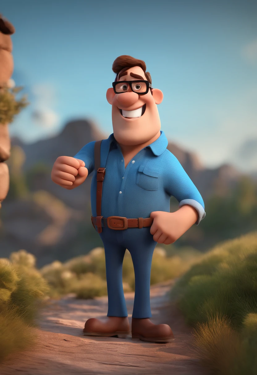 Cartoon character of a man with black glasses and a blue shirt, animation character, Caractere estilizado, animation style rendering, 3D estilizado, Arnold Maya render, 3 d render stylized, toon render keyshot, Personagem 3D, Personagem 3D, 3d rendering stylized, 3 d character render, personagem de desenho animado, Personagem de close up, Pose de personagem,  (Estilo Pixar) (master part:1.2) (Bokeh) (best quality) (pele detalhada) (textura detalhada) (8k) (argila) (Cinematic lighting) (foco nítido