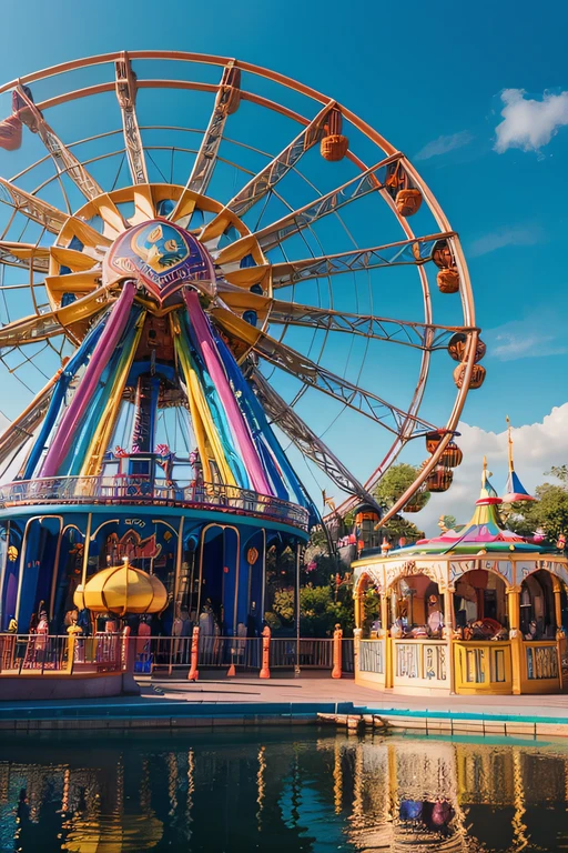 create a panoramic image, rich in details, 3D, three-dimensional, with lots of vibrant colors, of a place inspired by Disney parks, mixed with traditional park toys, like a Ferris wheel, all very colorful to portray the children's universe
