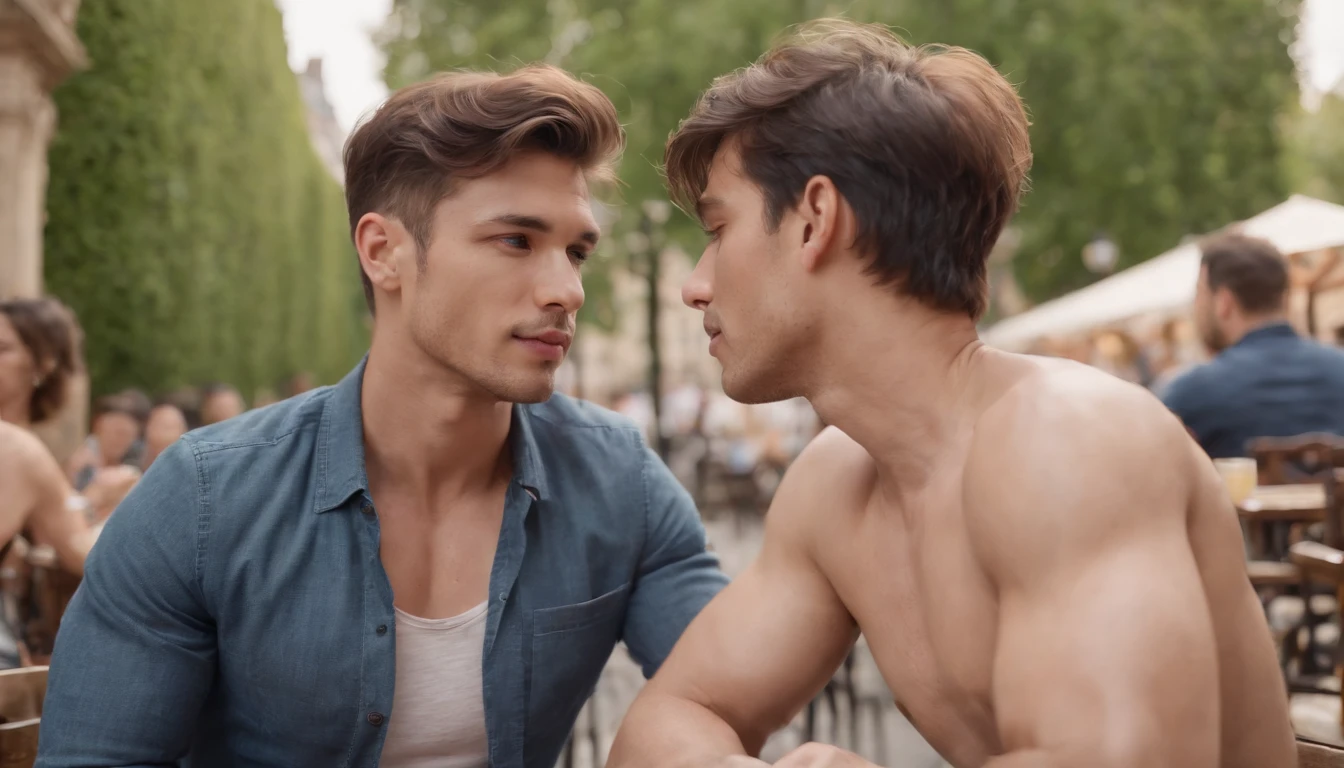 photo of stunning two handsome muscular Thai men kissing passionately, sitting outdoors at a French cafe near Eiffel Tower, Paris, must have no female, honey eyes, short messy windy dark brown hair, flipping hair, closeup zoomed in tight crop portrait, people watching, top-view (out door french coffee shop scene:1.2) (day time:1.2) wearing a (linen shorts and no shirt:1.3) (Lighting-blue:1.2) foreground objects background details (masterpiece:1.2) (photorealistic:1.2) (bokeh:1.2) (best quality) (color grading) (detailed skin:1.3) (no shirt:1.3) (intricate) (8k) (HDR) (cinematic lighting:1.3) (sharp focus) (realistic fingers) (no female:1.2), messy windy hair, Location Paris France
