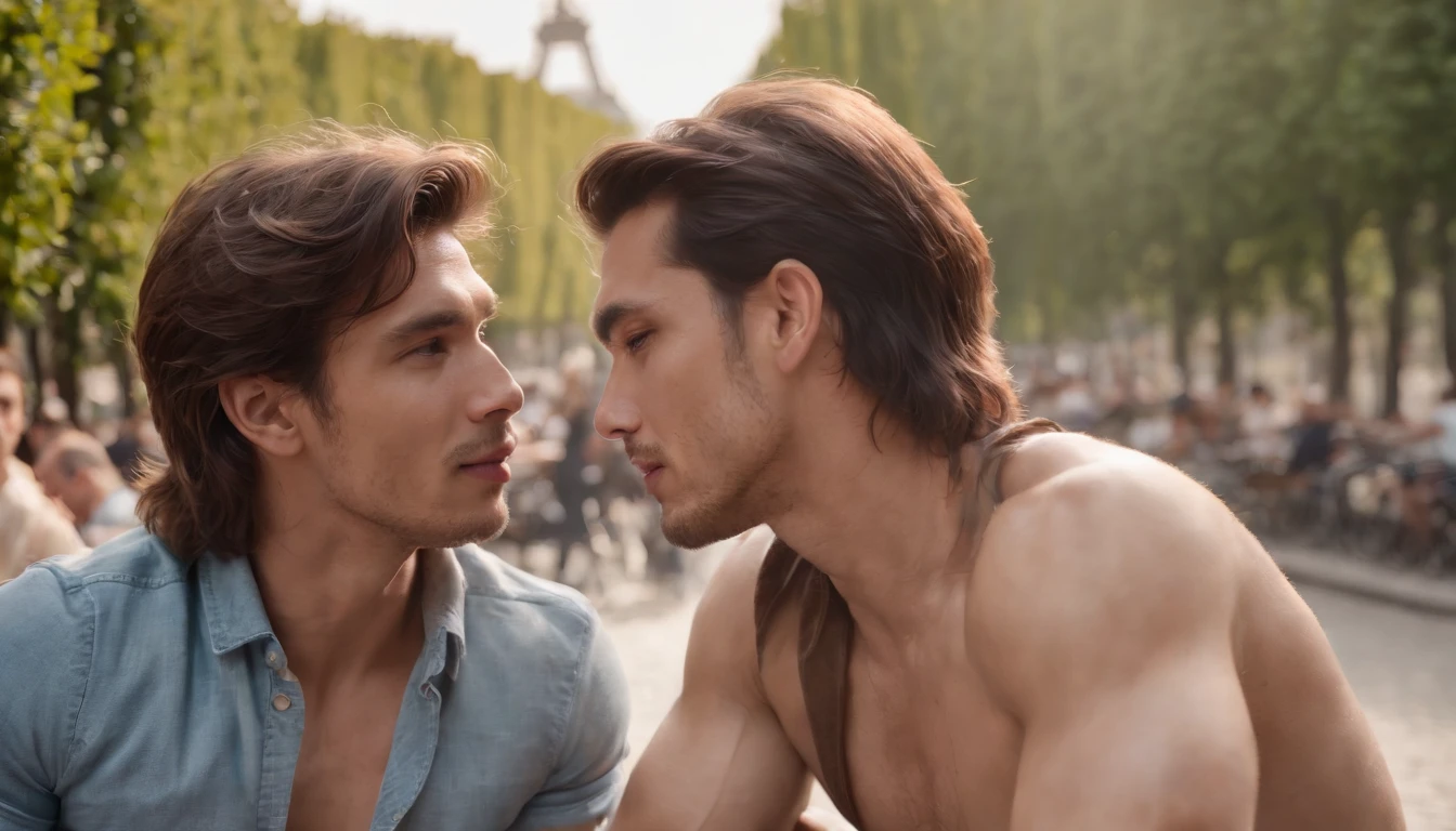 photo of stunning two handsome muscular Thai men kissing sitting outdoors at a French cafe near Eiffel Tower, Paris, no female, honey eyes, short messy windy dark brown hair, flipping hair, closeup zoomed in tight crop portrait, people watching, top-view (out door french coffee shop scene:1.2) (day time:1.2) wearing a (linen shorts and no shirt:1.3) (Lighting-blue:1.2) foreground objects background details (masterpiece:1.2) (photorealistic:1.2) (bokeh:1.2) (best quality) (color grading) (detailed skin:1.3) (no shirt:1.3) (intricate) (8k) (HDR) (cinematic lighting:1.3) (sharp focus), messy windy hair, Location Paris France