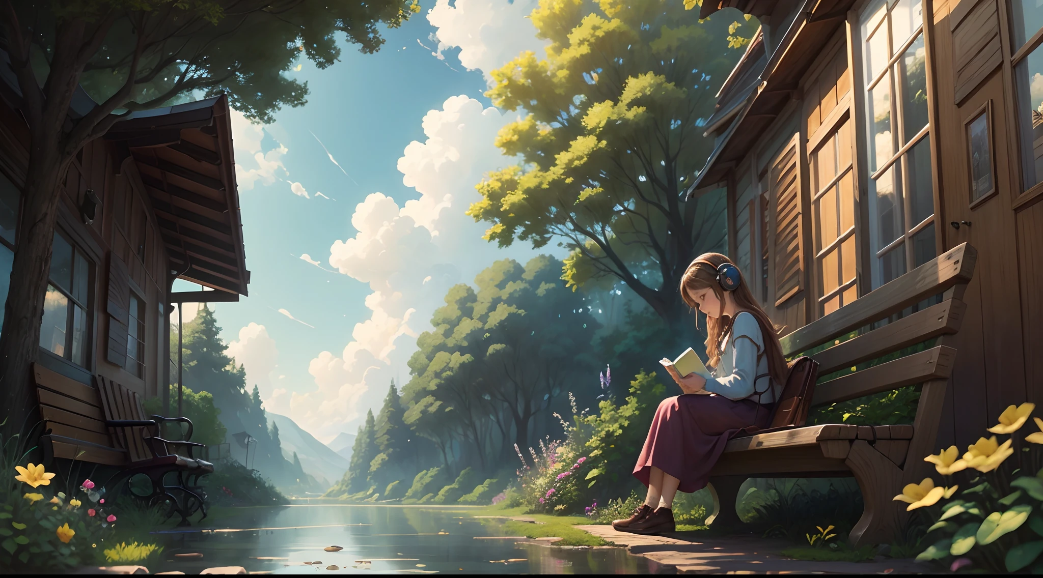 fine art, digital painting, amazing sky, pixar style,
.
Woman, reading book, Wear headphones, aesthetic, digital illustration, soft colors, cozy backyards, cup of coffee, potted plant, bench, tree, grass, water reflection, melancholic atmosphere, side view, flower, windy, table, pile of books, homework,
.
cute, storybook detailed llustration, cinematic, ultra highly detailed, tiny details, beautiful details, vibrant colors