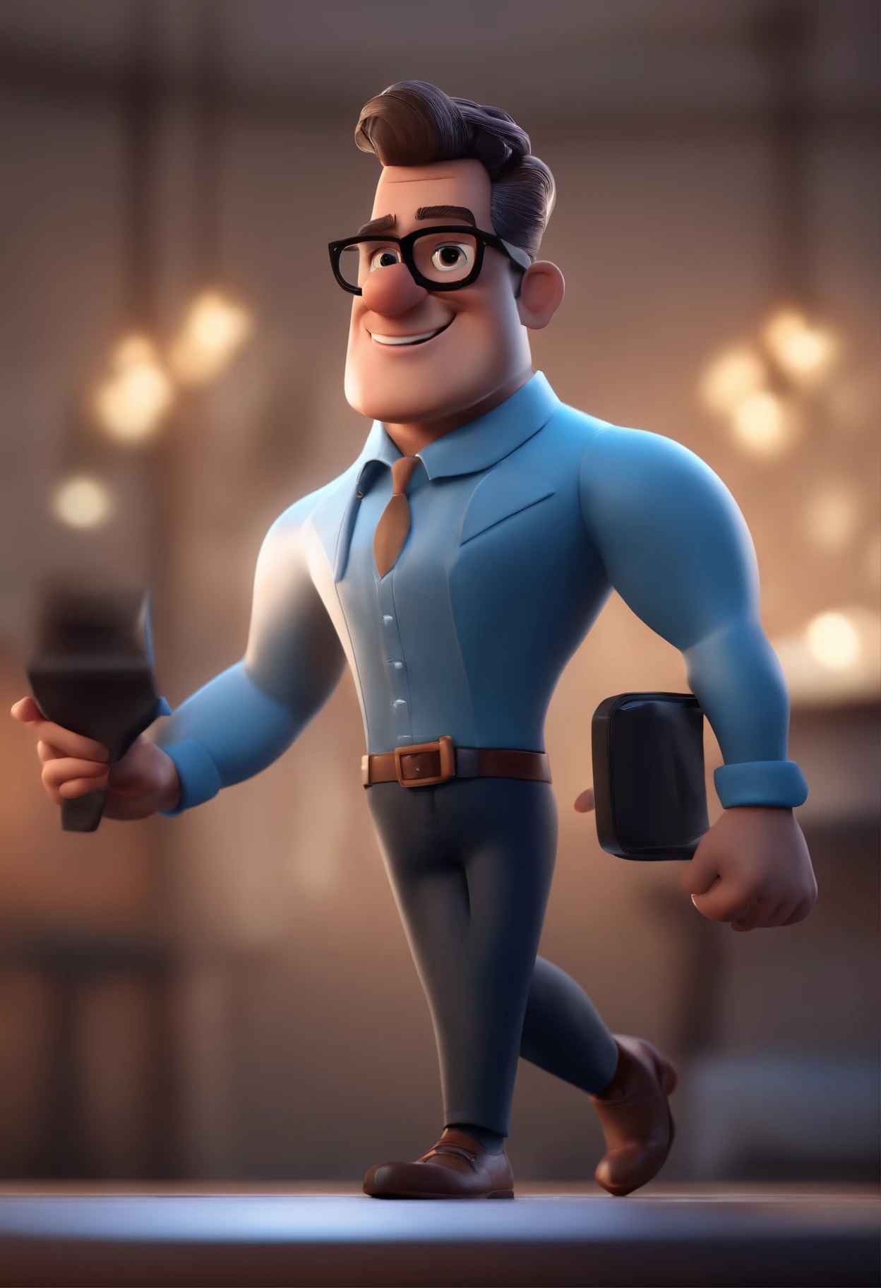 Cartoon character of a man with black glasses and a blue shirt, animation character, Caractere estilizado, animation style rendering, 3D estilizado, Arnold Maya render, 3 d render stylized, toon render keyshot, Personagem 3D, Personagem 3D, 3d rendering stylized, 3 d character render, personagem de desenho animado, Personagem de close up, Pose de personagem,  (Estilo Pixar) (master part:1.2) (Bokeh) (best quality) (pele detalhada) (textura detalhada) (8k) (argila) (Cinematic lighting) (foco nítido