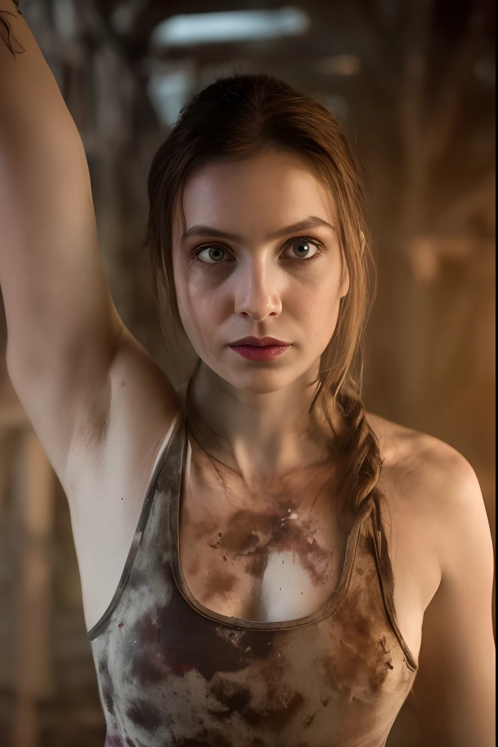 hyper real photo of ((woman inside a cluttered barn wearing sexy worn-out torn cotton tanktop)), ((detailed realistic face and eyes)), cinematic lighting, 8k resolution, (modelshoot style), sunset, (from_below:1.4), soft small covered by (ripped torn cotton tanktop), natural breasts