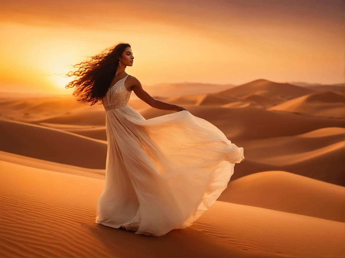 (high quality,4k,8k,highres,masterpiece:1.2),ultra-detailed,physically-based rendering,realistic,portrait,landscape,Algerian princess,dancing in the desert,sunset,beautiful detailed face,flowing dress,floating hair,graceful movements,elegant posture,soft sand,gentle breeze,cinematic effect,distant perspective,background music notes in the sky,vivid colors,warm color tones,harmonious lighting.