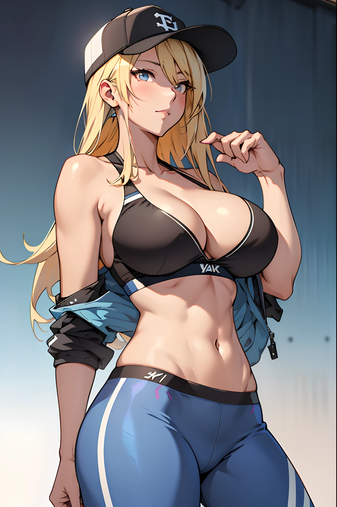 anime girl in a baseball cap and blue yoga pants, sports top, sports bra, huge breasts, sexy body, buxom, seductive anime girl, ig model | artgerm, marin kitagawa fanart, attractive anime girl, from girls frontline, extremely detailed artgerm, fine details. girls frontline, (sfw) safe for work, beautiful alluring anime woman, smooth anime cg art, digital anime illustration, 8k, photo-realistic, ultra-detailed,