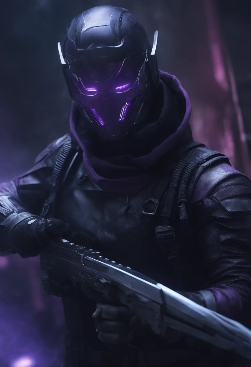 cyberpunked male people Half body machine cyborgs Full Metal Mask Near Future Ninja Awesome assassin purple tone Knife in left hand Lonely heights Killing Machine masutepiece Super beautiful、3-point live method、Oil Painting、Best Quality、hight resolution、foco nítido、The wind is thunderous