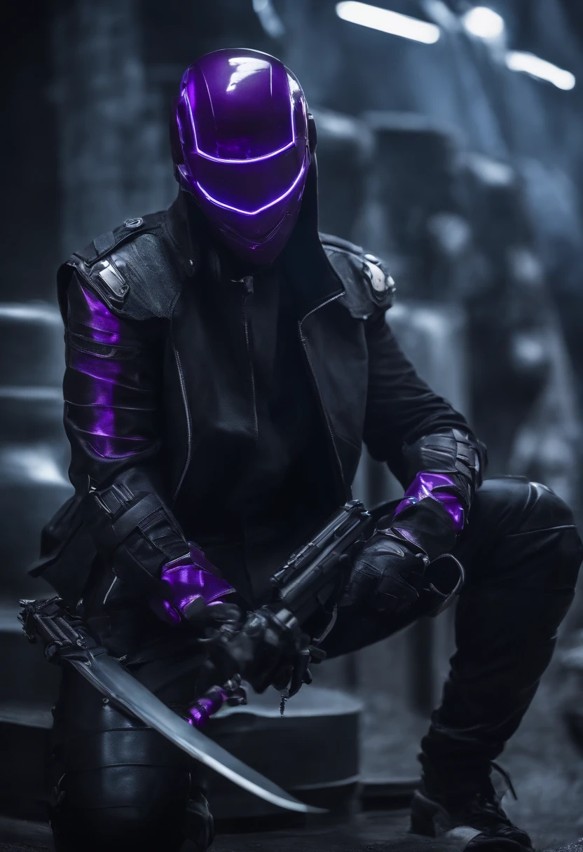 cyberpunked male people Half body machine cyborgs Full Metal Mask Near Future Ninja Awesome assassin purple tone Knife in left hand Lonely heights Killing Machine masutepiece Super beautiful、3-point live method、Oil Painting、Best Quality、hight resolution、foco nítido、The wind is thunderous