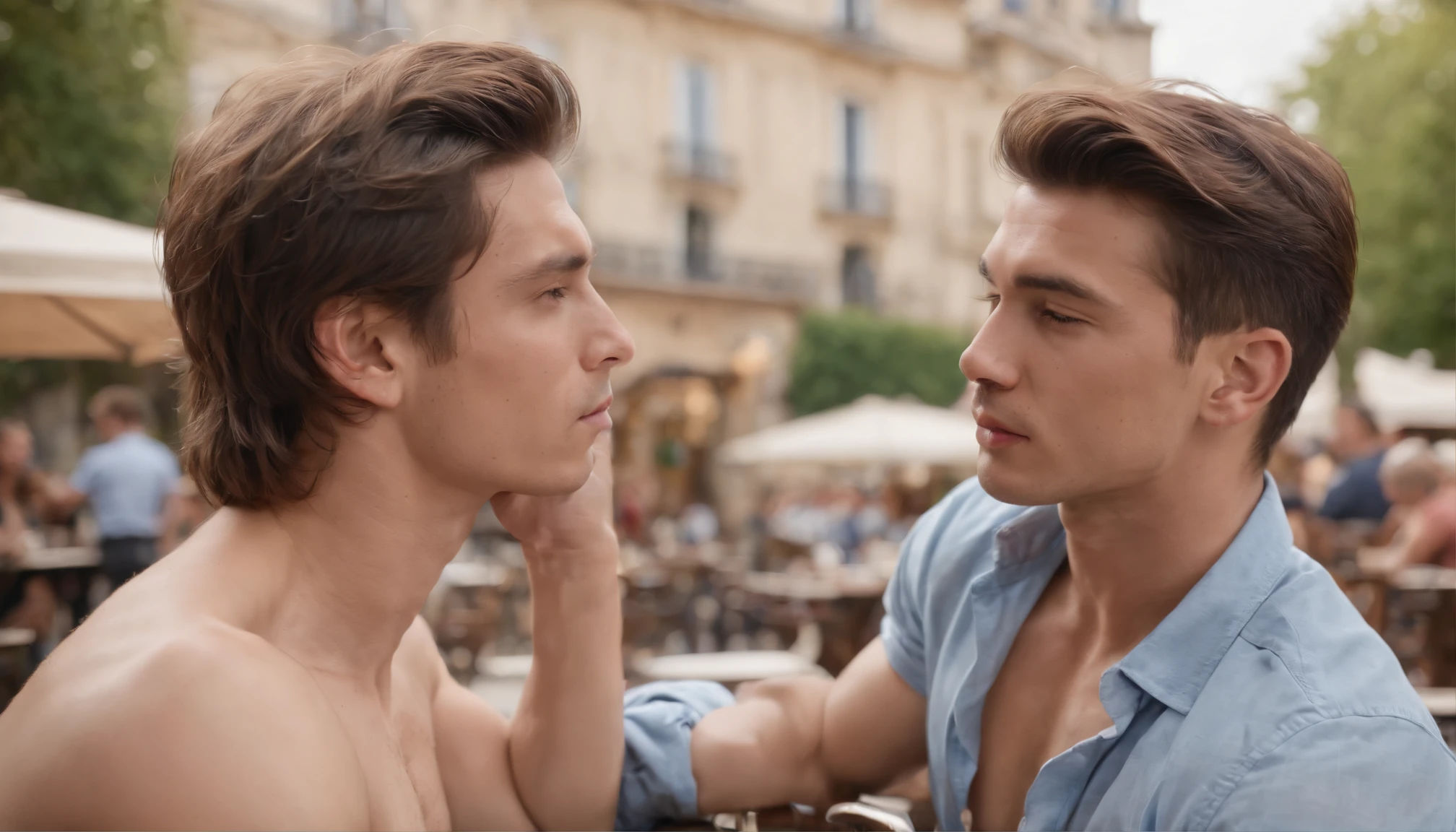 photo of stunning two handsome muscular Thai men kissing passionately, sitting outdoors at a French cafe near Eiffel Tower, Paris, must have no female, honey eyes, short messy windy dark brown hair, flipping hair, closeup zoomed in tight crop portrait, people watching, top-view (out door french coffee shop scene:1.2) (day time:1.2) wearing a (linen shorts and no shirt:1.3) (Lighting-blue:1.2) foreground objects background details (masterpiece:1.2) (photorealistic:1.2) (bokeh:1.2) (best quality) (color grading) (detailed skin:1.3) (no shirt:1.3) (intricate) (8k) (HDR) (cinematic lighting:1.3) (sharp focus) (realistic fingers) (no female:1.2), messy windy hair, Location Paris France