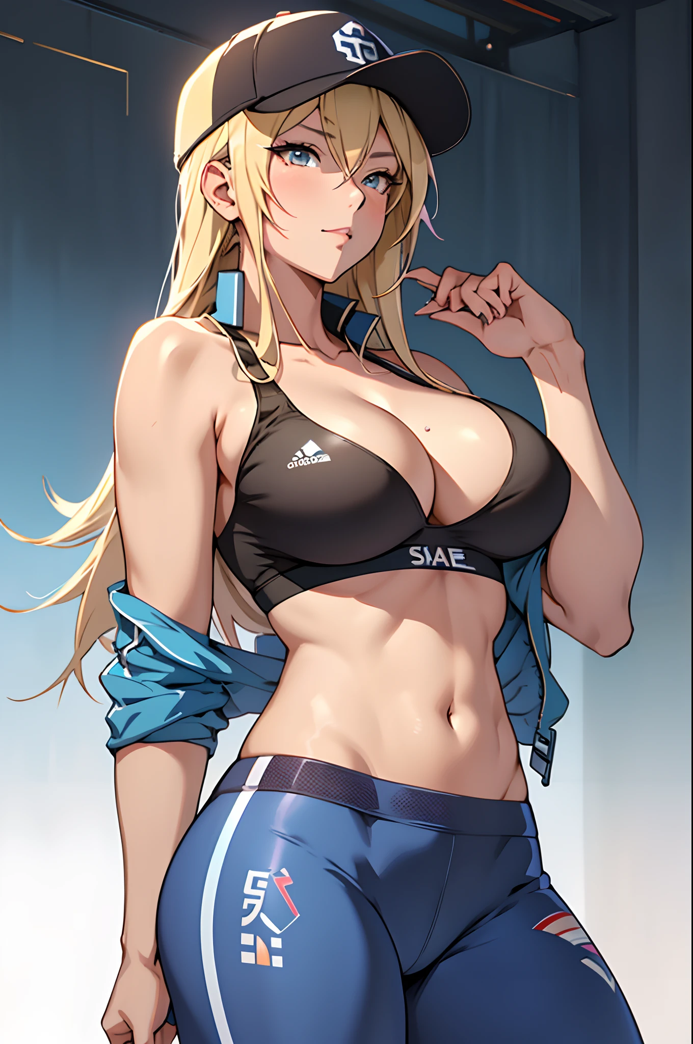 anime girl in a baseball cap and blue yoga pants, sports top, sports bra, huge breasts, sexy body, buxom, seductive anime girl, ig model | artgerm, marin kitagawa fanart, attractive anime girl, from girls frontline, extremely detailed artgerm, fine details. girls frontline, (sfw) safe for work, beautiful alluring anime woman, smooth anime cg art, digital anime illustration, 8k, photo-realistic, ultra-detailed,