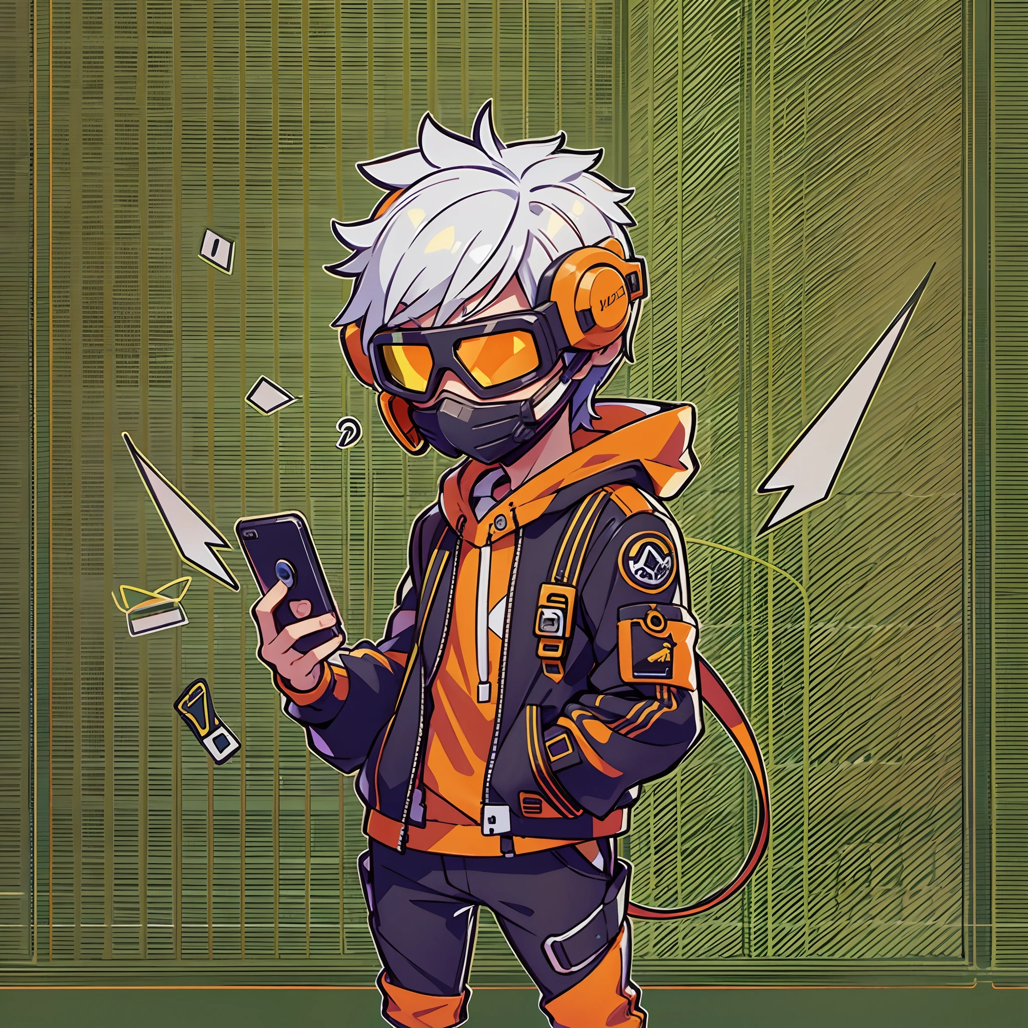 1guy, chibi, wearing neon orange jacket, holding phone, short white hair, concept art, exciting, upper body, FULL face covered mask, eye goggles