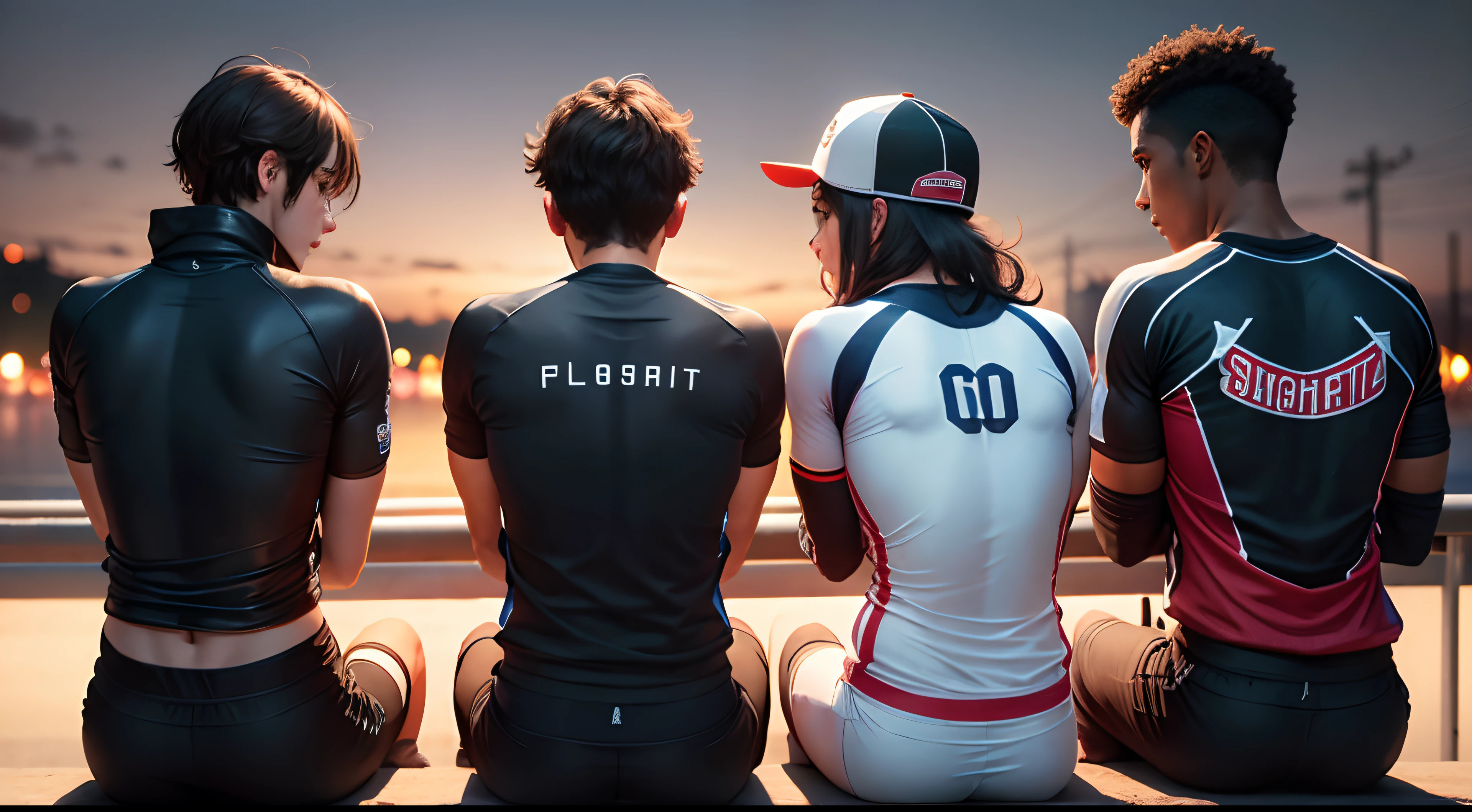 the night,Five youths in super sports gear,Waiting for the back of the sport