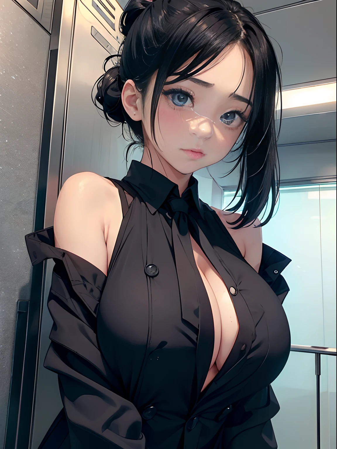 A teenage girl、(masterpiece:1.4)、(in 8K、realisitic、Raw photo、top-quality:1.4)、(Real Face:1.4)、(real looking skin:1.3)、超A high resolution、A hyper-realistic、Eyes in Beautiful Details、A dark-haired、Black eyes、Low ponytail、耳环、Office Worker、Black jacket、dark blue tie、(huge-breasted:1.5)、gargantilha、Blushing、alluring face、troubled look、Inside the elevator、to stand、Have documents