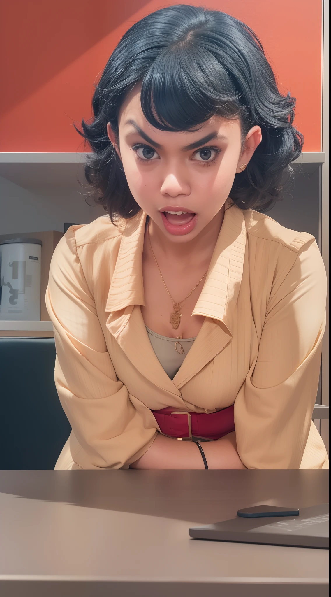 Malay girl standing angrily in meeting room angry, both hand on desk, very short curly hair, curly hair, angry pose, angry face, meeting room, morning, red pastel office suits outfit, blue suits, small tits, small breast, flat chest, wide waist, thick thighs, bright lighting, white lighting,