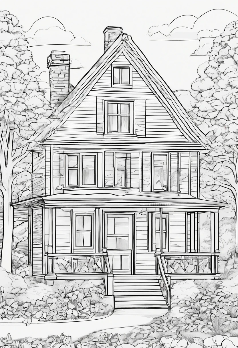 a quaint home, idyllic surrounding, beautiful foliage, line art, cartoon, 3d style, high-quality, coloring book, hand-drawn, lineart