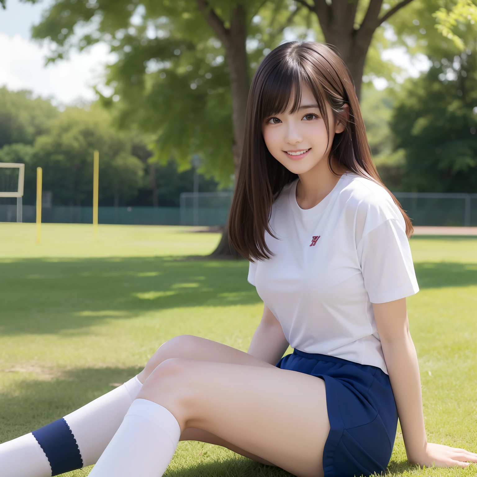 Pure young Japanese tennis girl, wearing tennis uniforms, sneakers, natural makeup, natural ponytail, sweet smile, sexual attractive, sitting and relaxing on benches, lift up skirt, spread wide legs, panty, professional portrait photography, dazzling summer sunlight, 