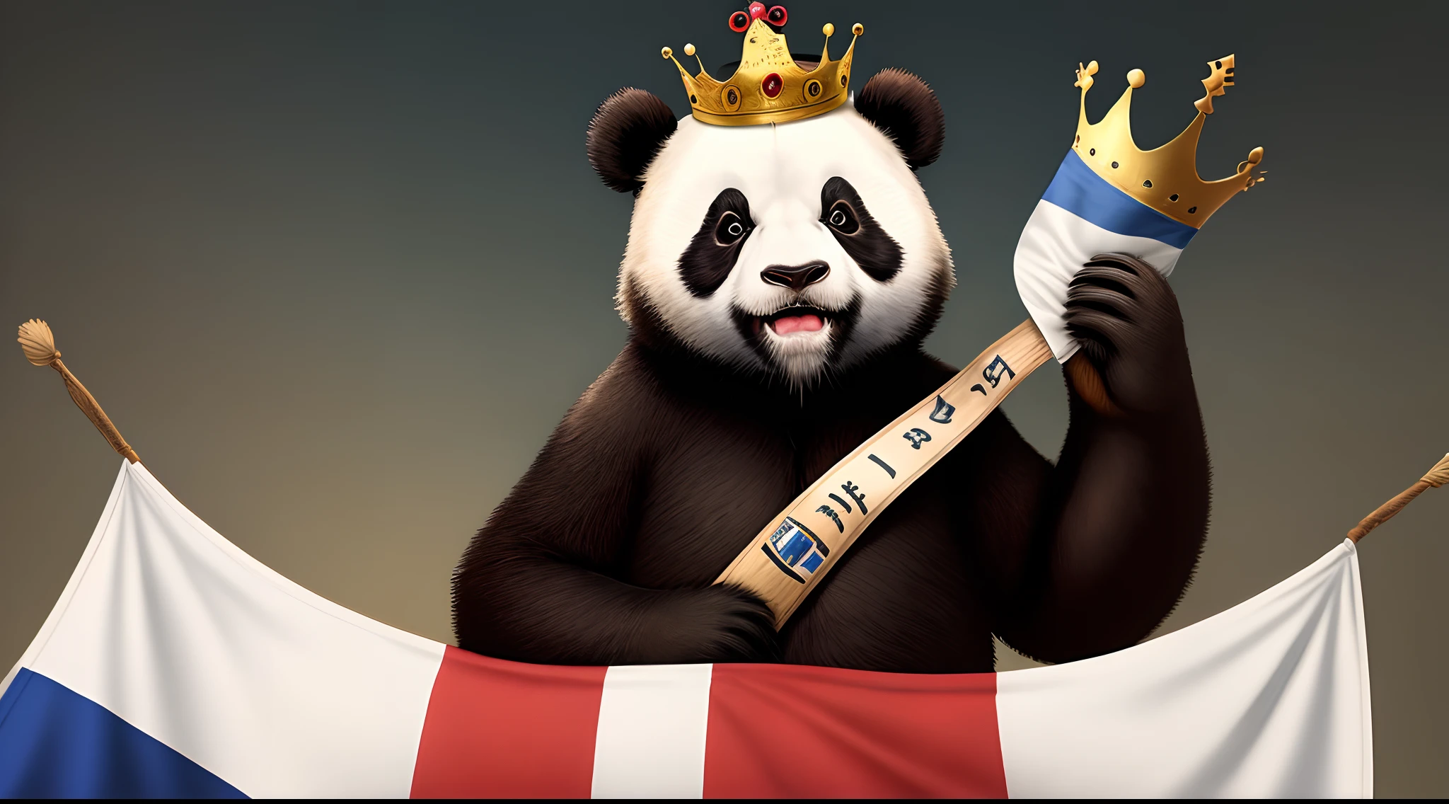 Panda holding a French flag with a crown on his head