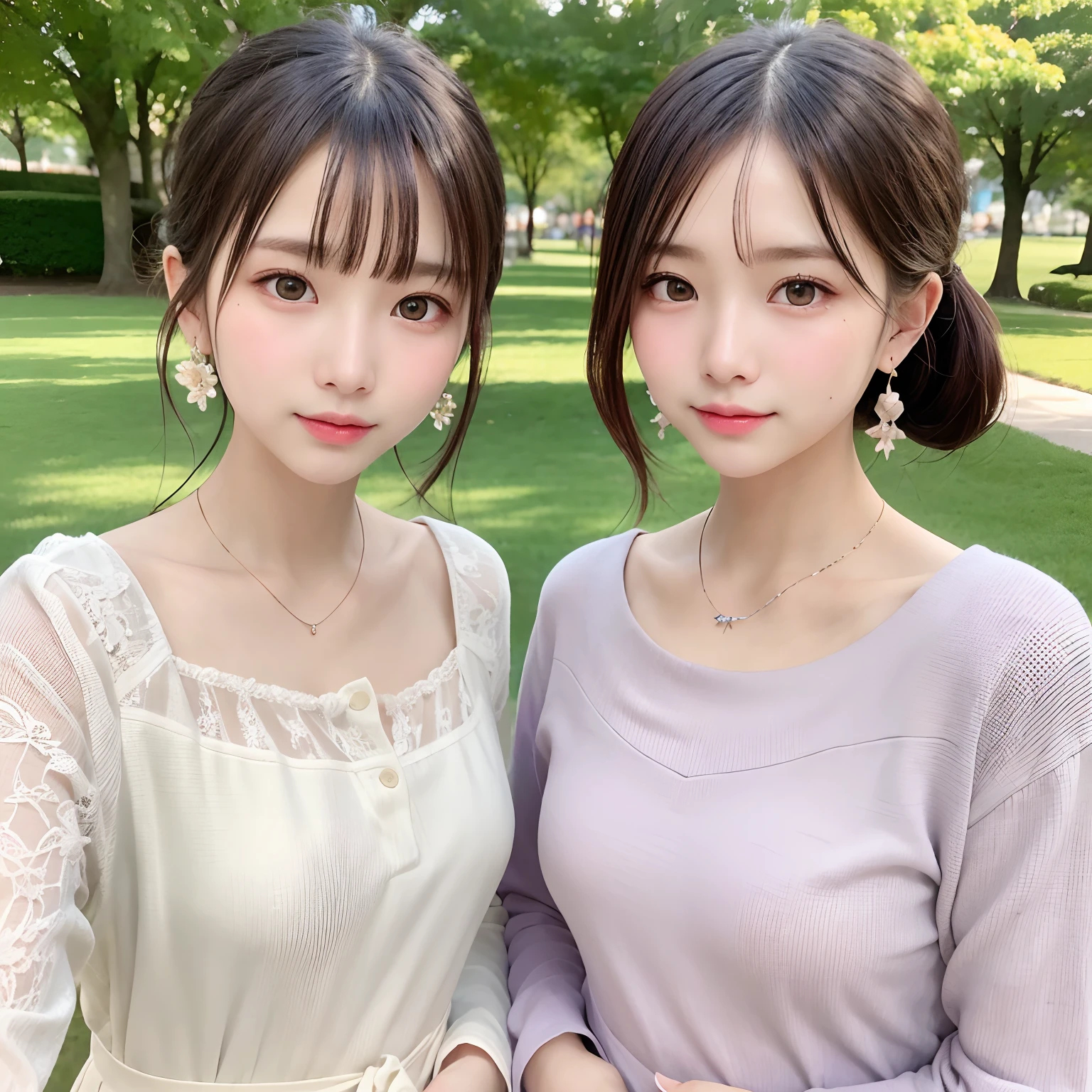 2 girls in、twin-tail hair,masutepiece, Best Quality, 8K, , Teen, Raw ph absurderes, award winning portrait, Smile, Botanical Garden, neons, Idol face, violaceaess, gardeniass, Delicate girl, Upper body, Digital SLR, Looking at Viewer, Candid, Sophisticated, zora々Right, Thin arms, Professional Lighting, Film grain, chromatic abberation, (Eyes and faces with detailed:1.0), (Bokeh:1.1),Luxurious dresses、intricate lace、intricate hair ornament、Complex earrings、Complex necklaces、Beautiful breasts、shawls、