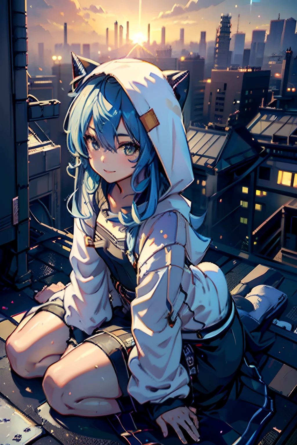 ((Hoshimachi suisei)), ((masterpiece)), wide shot, (Professional Photography:1.2), ((detail of oversized hoodie)), from above, (flat chest), summer sky, (beautiful ruins), sparkle, smile, Textured skin, messy hair, ((sexy pose)), slender, sit on the ground, (beautiful face), ruins cityscape, put on cat ears, 8K, (cinematic lighting)