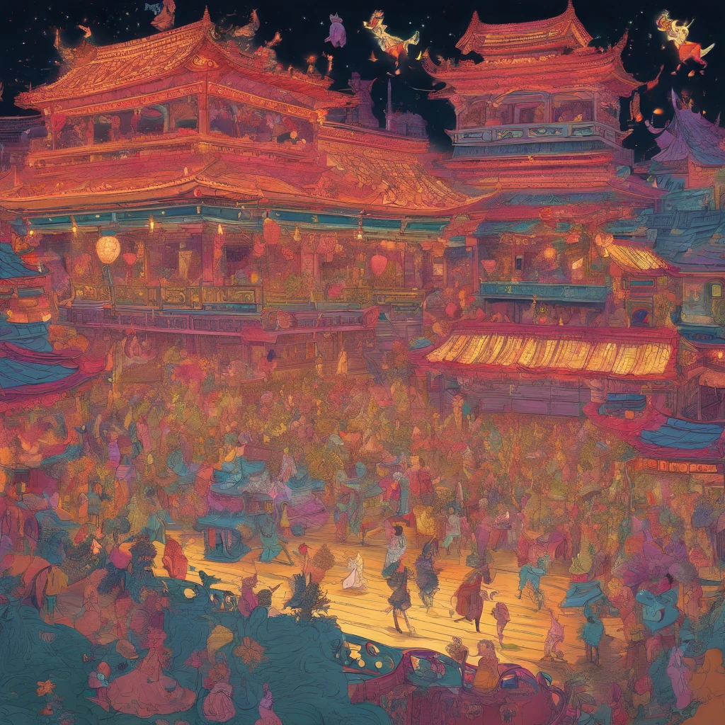 Picture book illustrations At a venue with bright neon lights like Chinatown, 50 cats stand on two legs and dance.、Drinking beer、Sumo wrestling